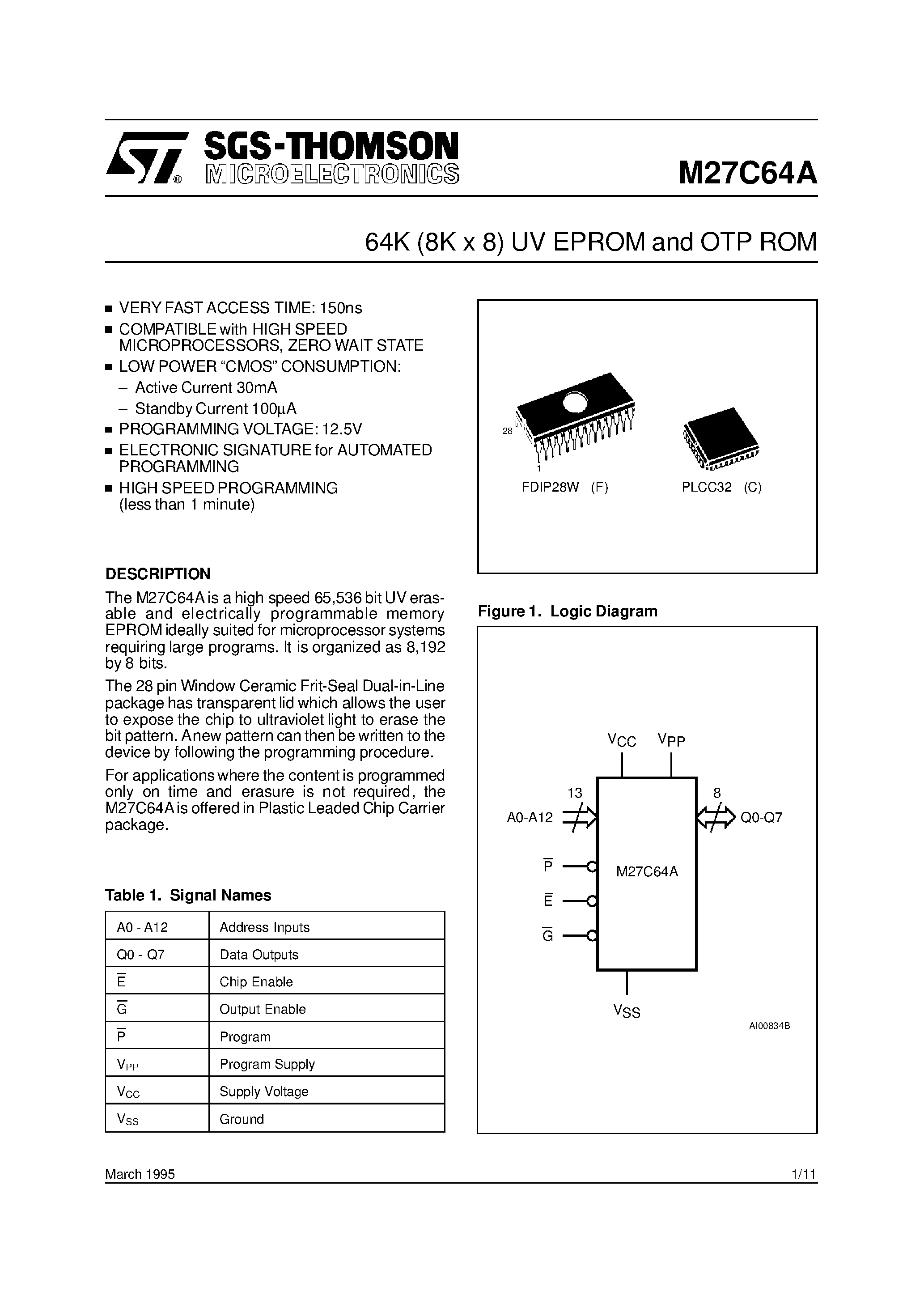 Datasheet 2764A - 64K (8K x 8) UV EPROM and OTP ROM page 1