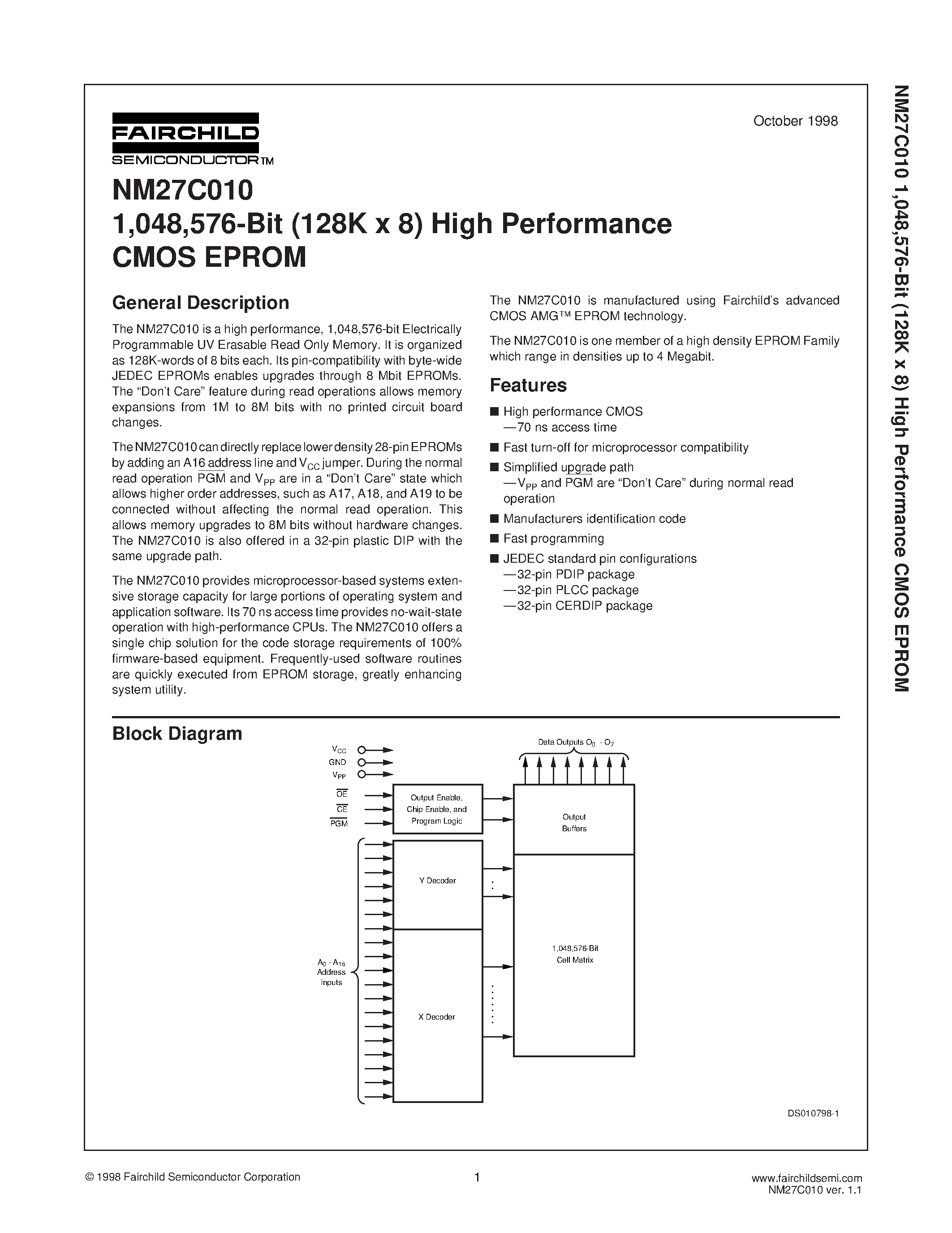 Datasheet 27C010 - 1 /048 /576-Bit (128K x 8) High Performance CMOS EPROM page 1
