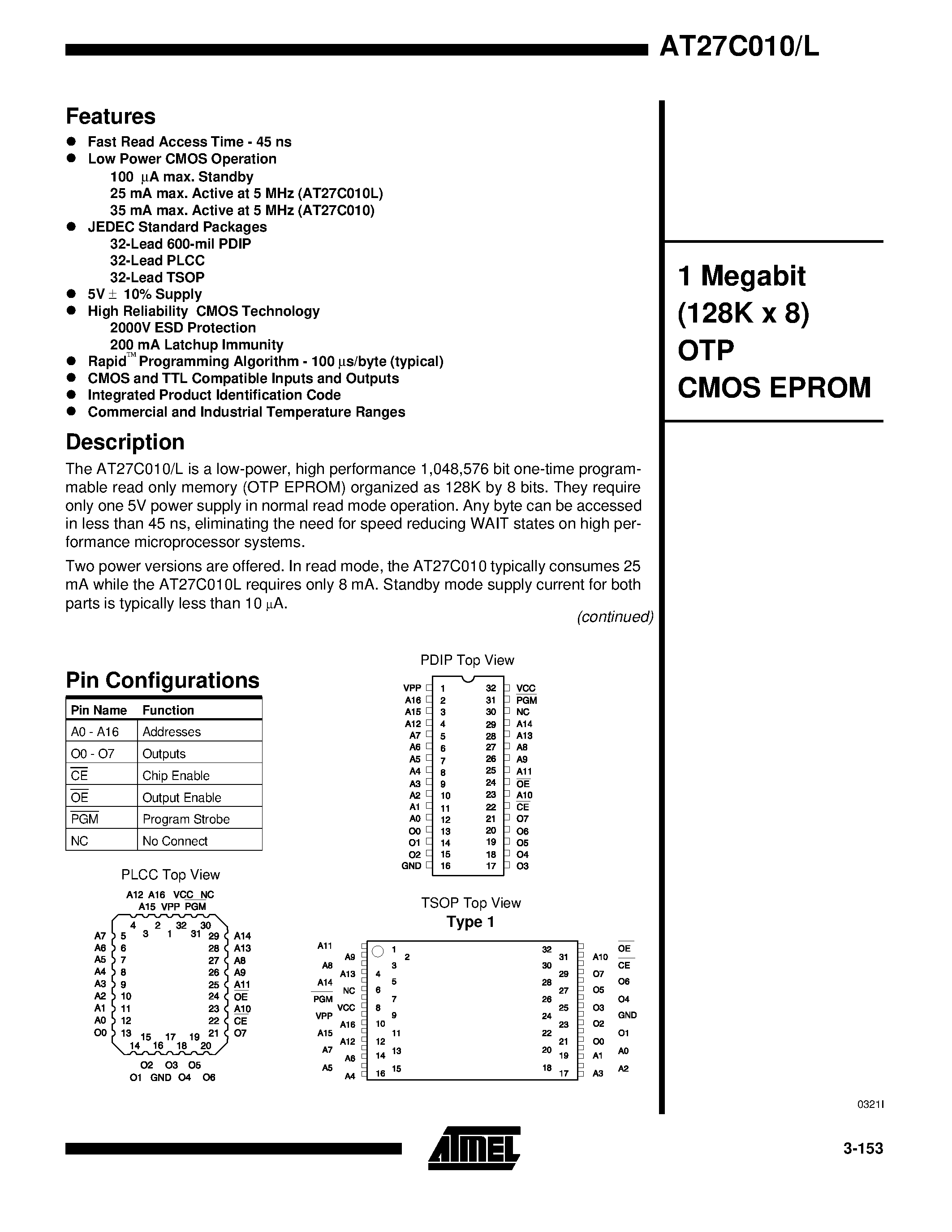 Datasheet 27C010 - 1 Megabit 128K x 8 OTP CMOS EPROM page 1