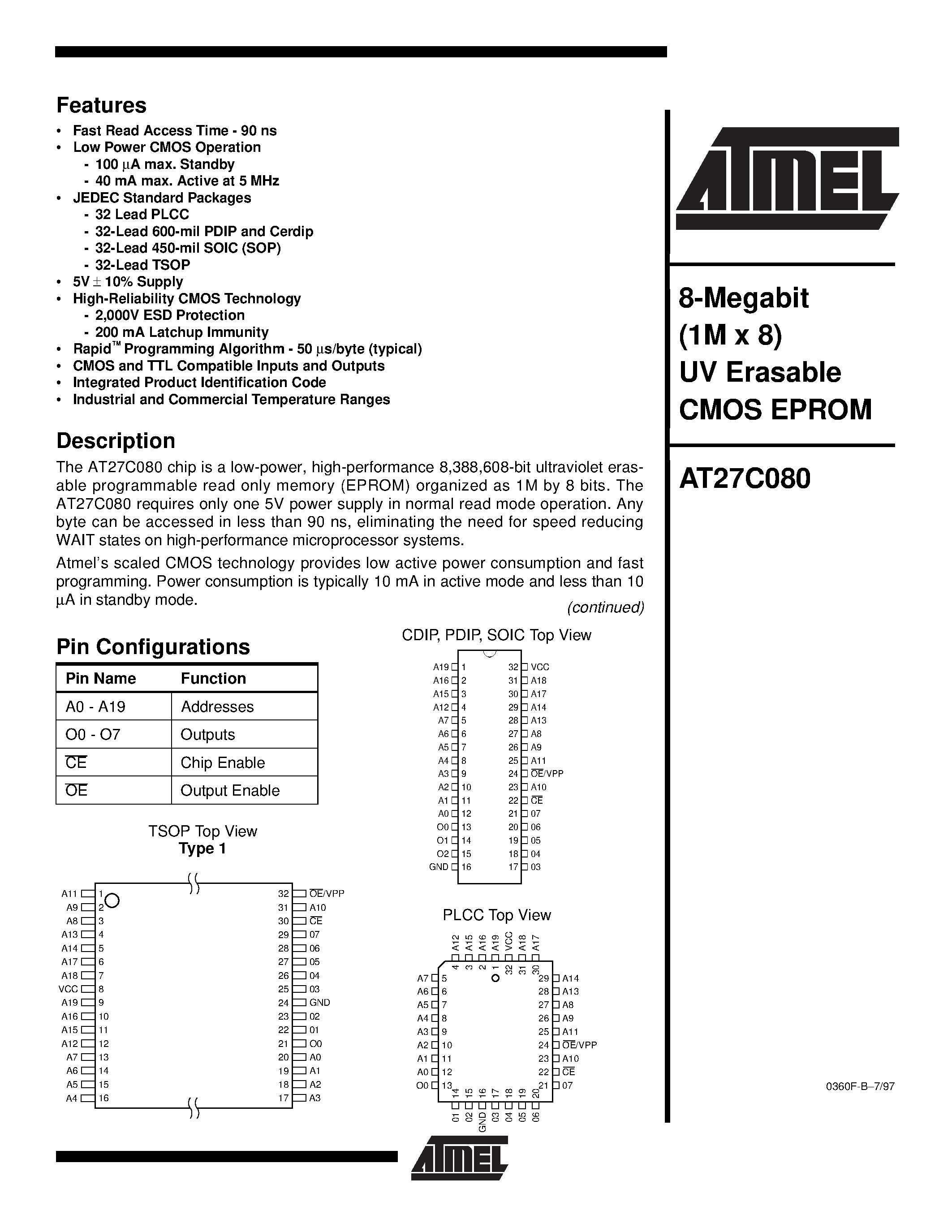 Datasheet 27C080 - 8-Megabit 1M x 8 UV Erasable CMOS EPROM page 1