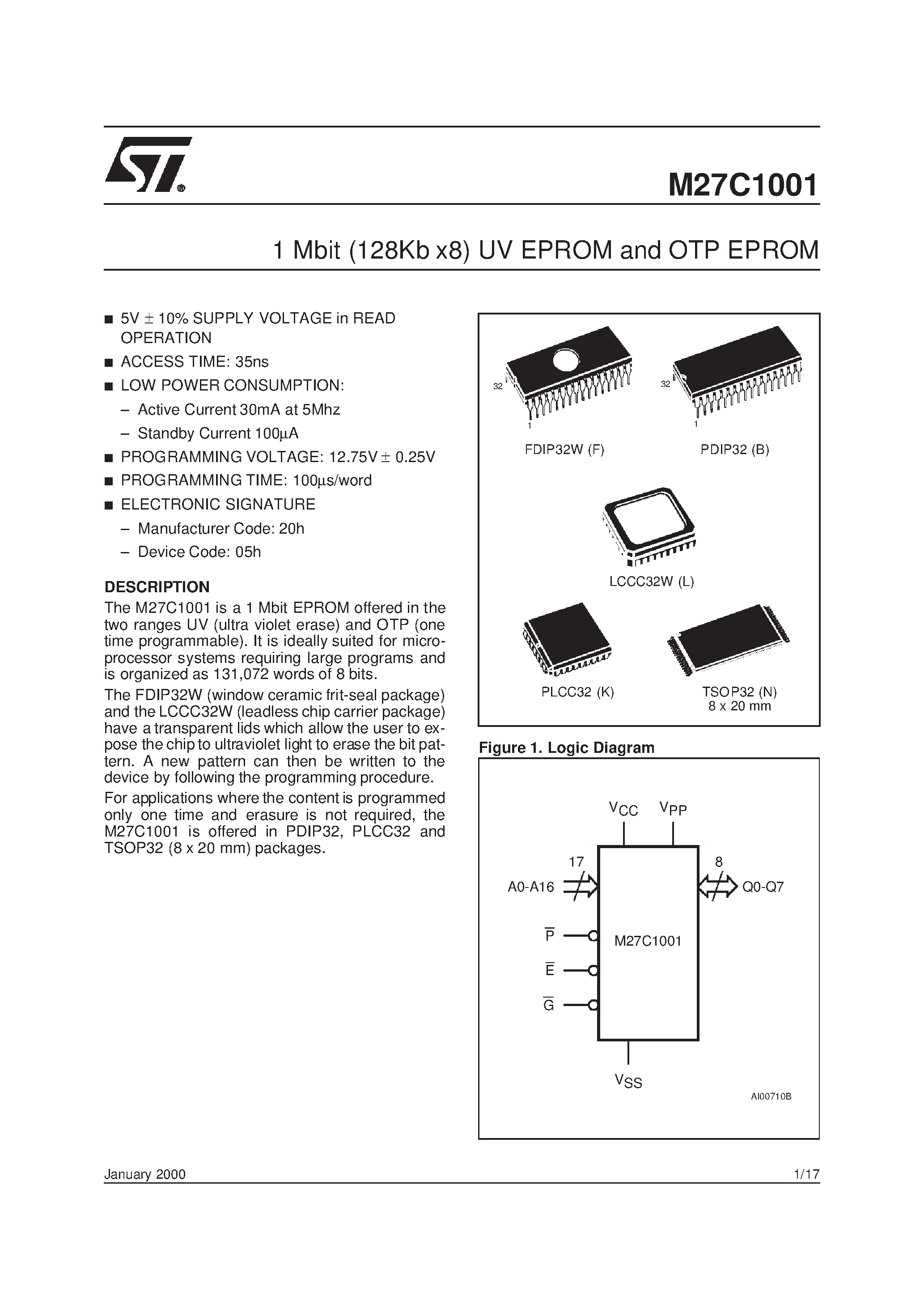 Даташит 27C1001 - 1 Mbit 128Kb x8 UV EPROM and OTP EPROM страница 1