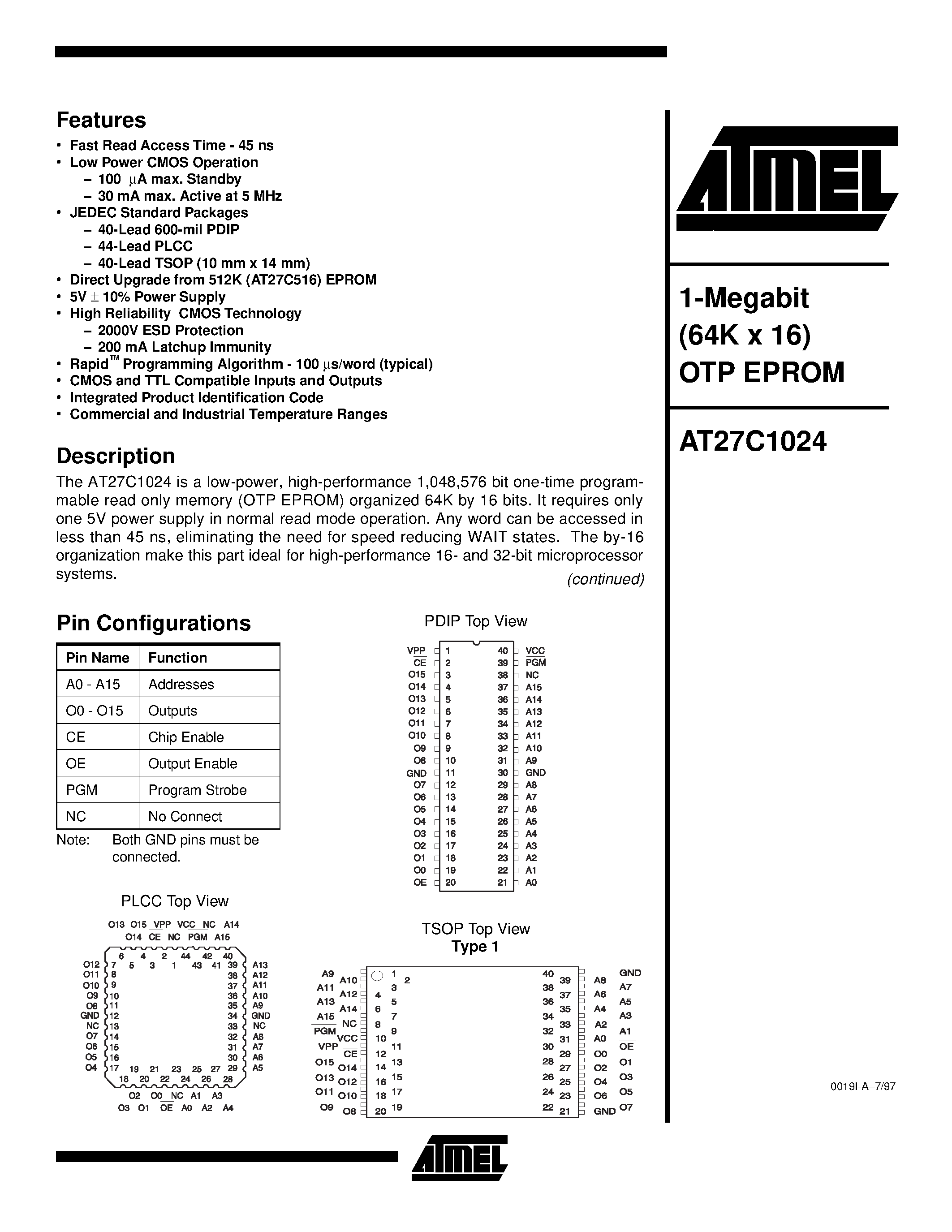 Datasheet 27C1024 - 1-Megabit 64K x 16 OTP EPROM page 1