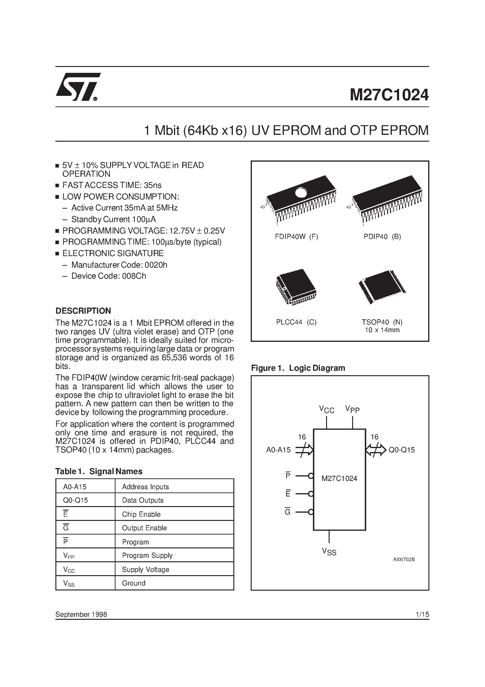 Datasheet 27C1024 - 1 Mbit 64Kb x16 UV EPROM and OTP EPROM page 1