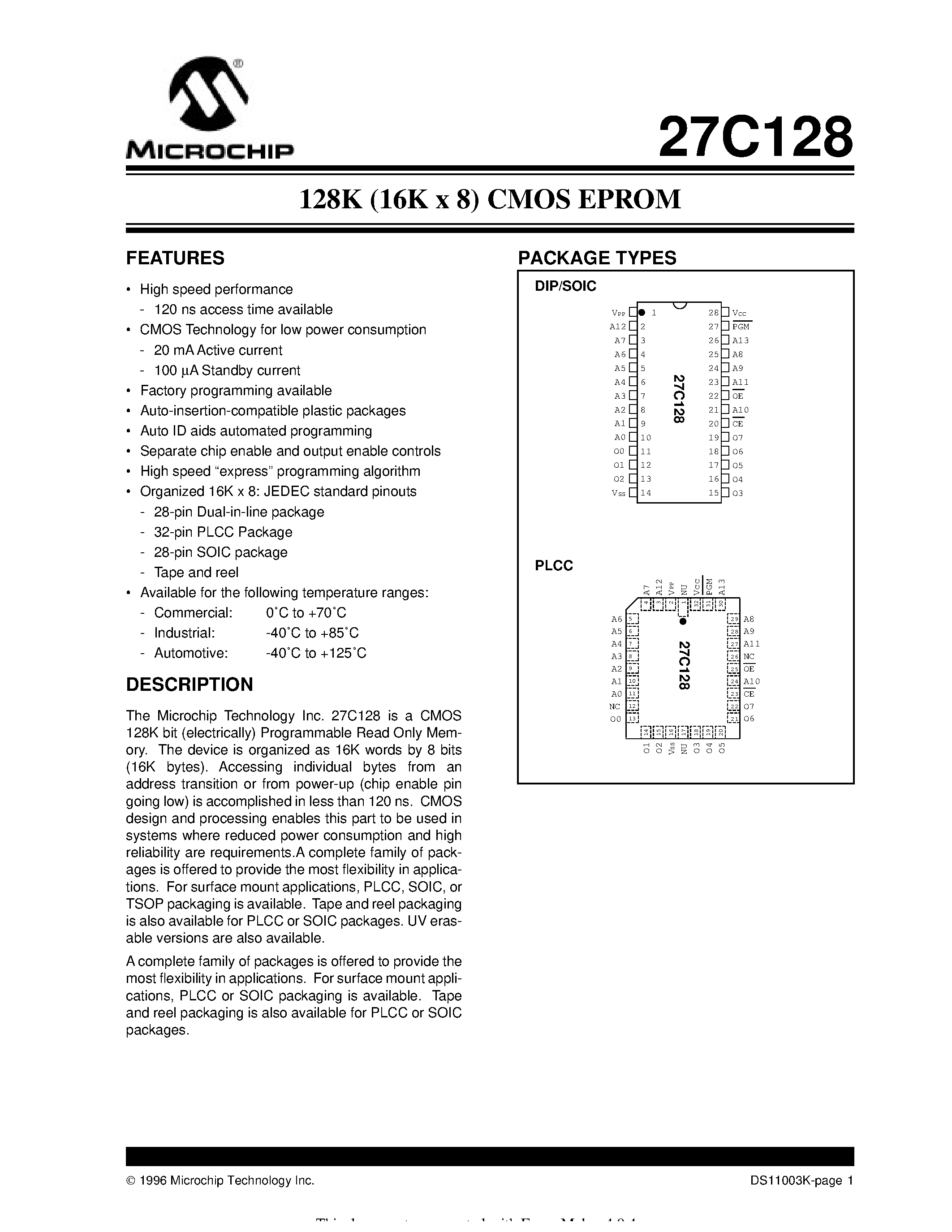 Datasheet 27C128 - 128K (16K x 8) CMOS EPROM page 1