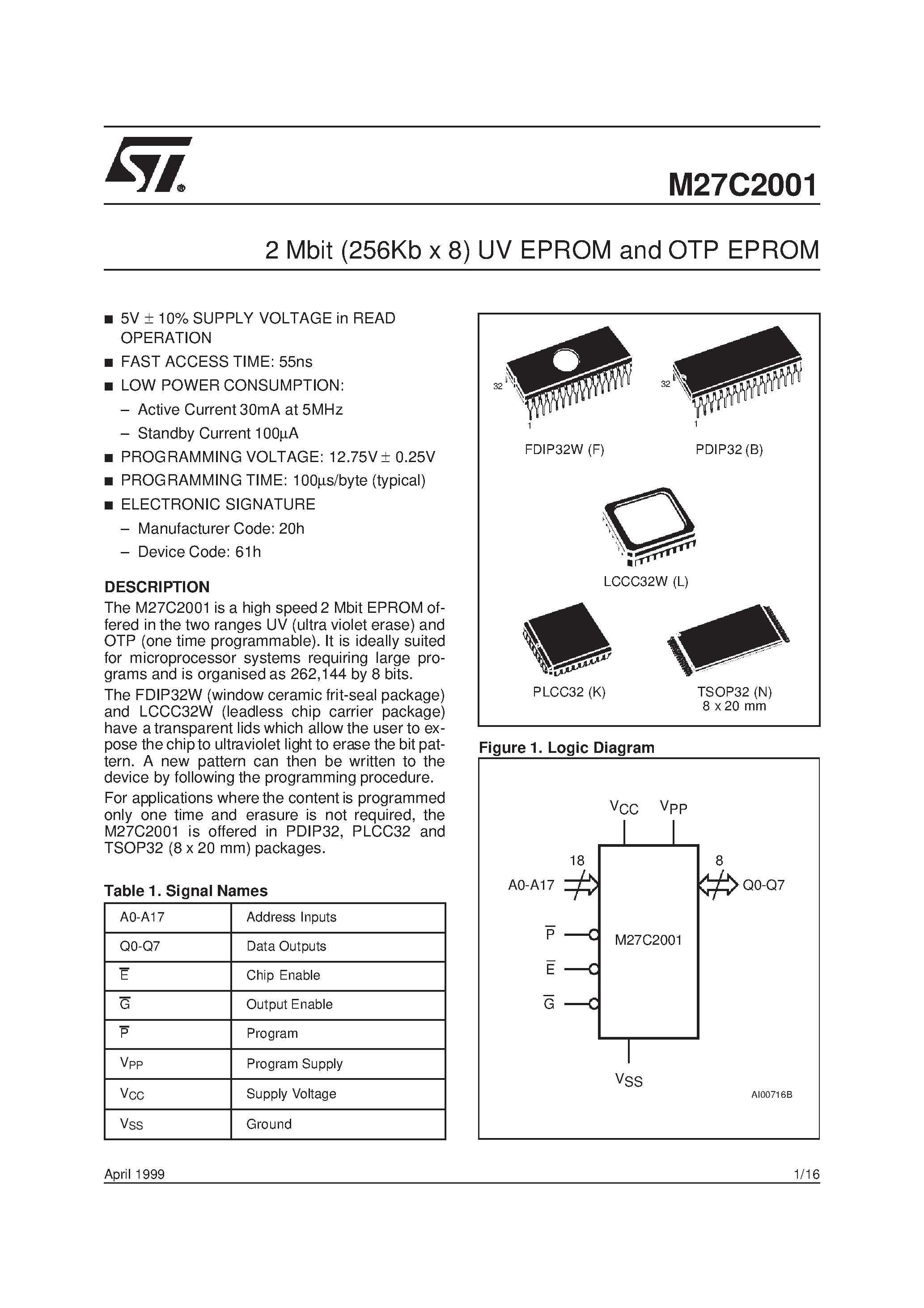 Даташит 27C2001 - 1 Mbit 128Kb x8 UV EPROM and OTP EPROM страница 1