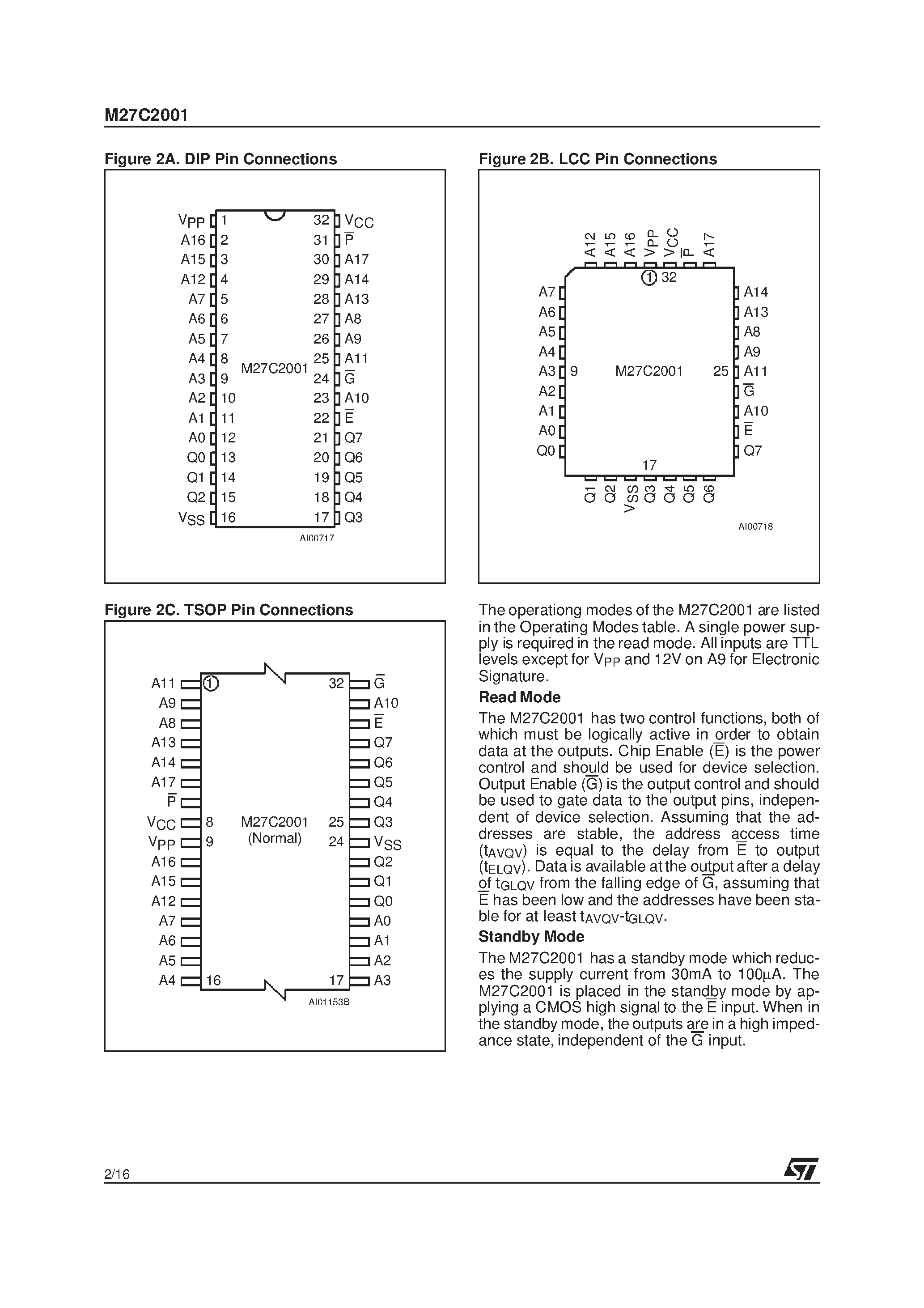 Даташит 27C2001 - 1 Mbit 128Kb x8 UV EPROM and OTP EPROM страница 2