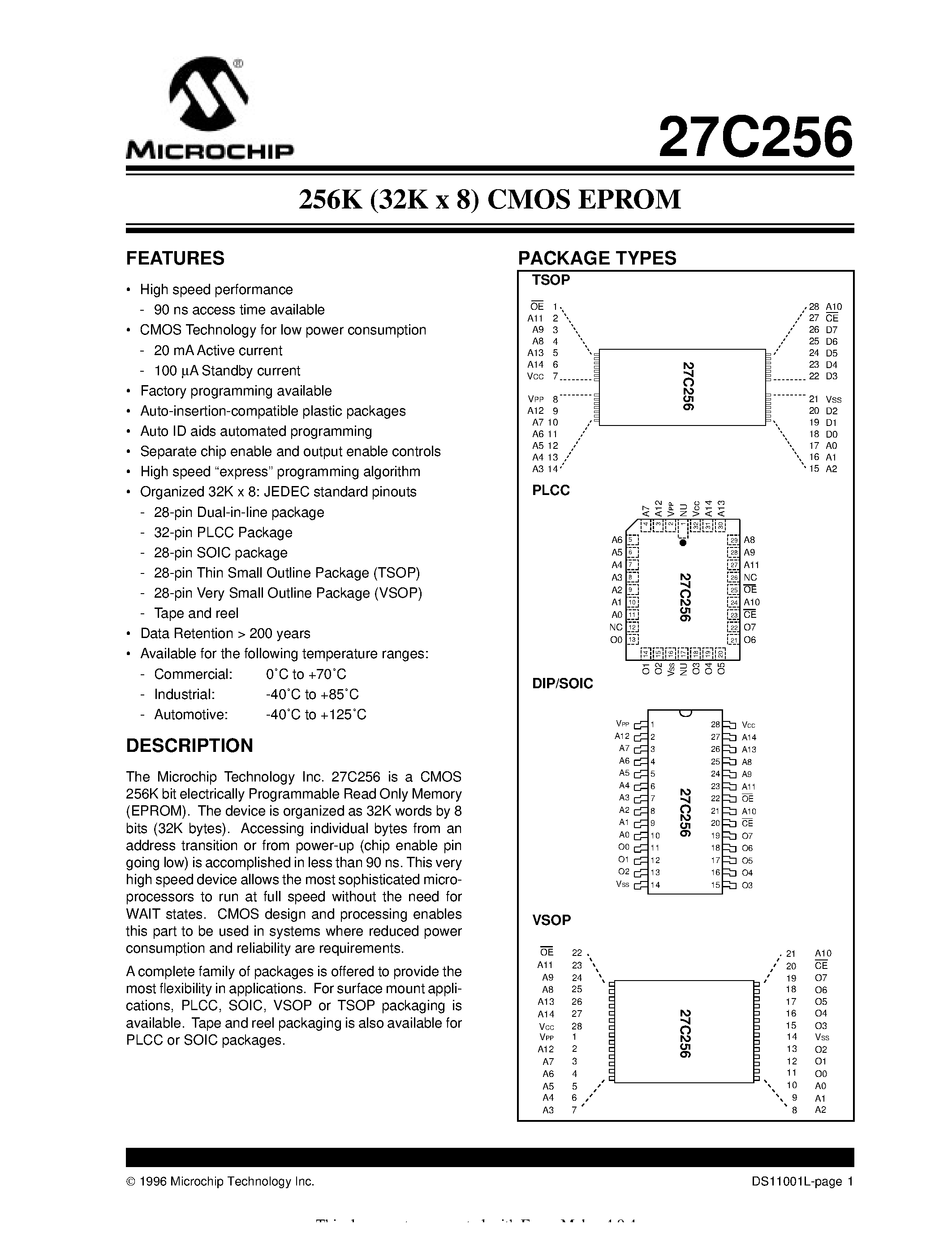 Datasheet 27C256 - 256K (32K x 8) CMOS EPROM page 1