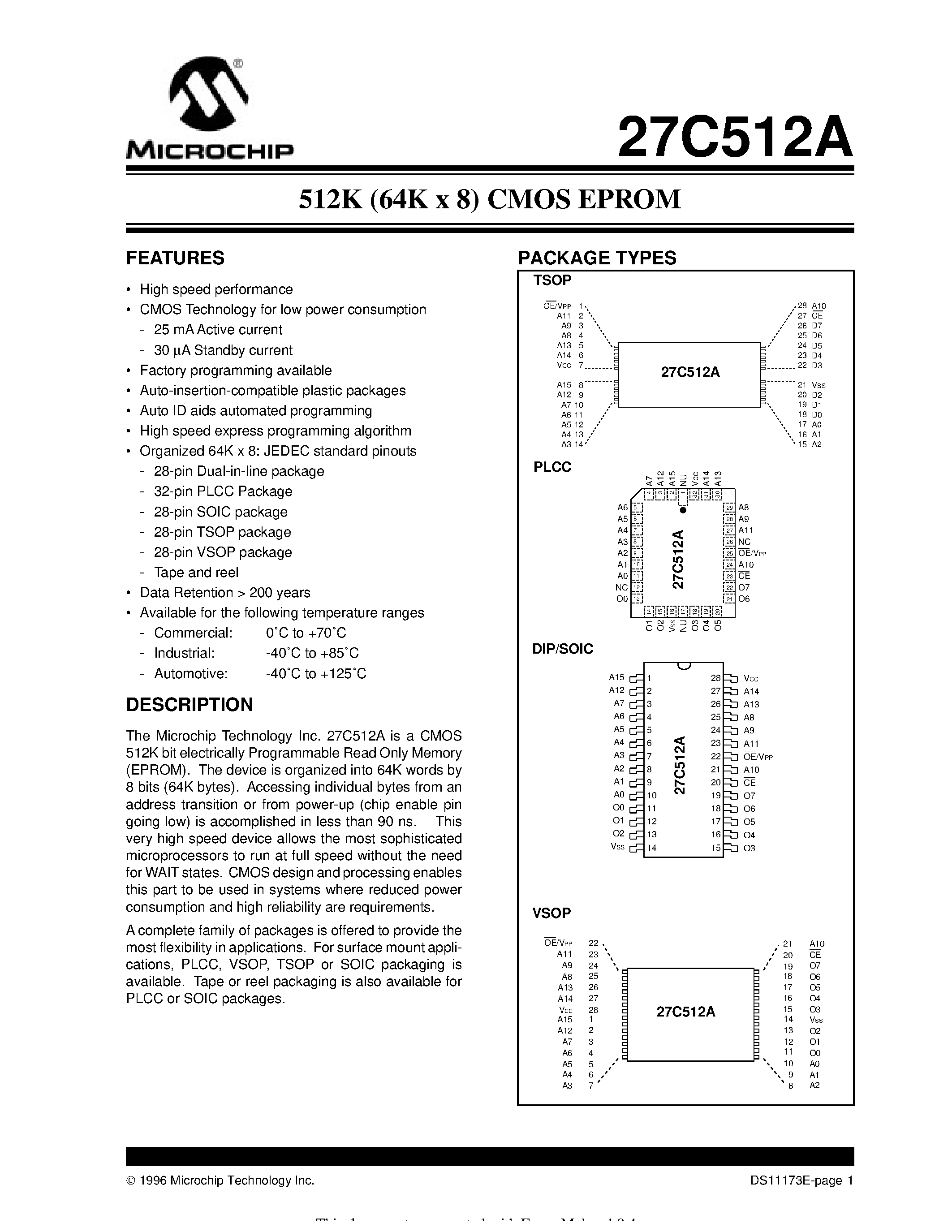 Datasheet 27C512A - 512K (64K x 8) CMOS EPROM page 1