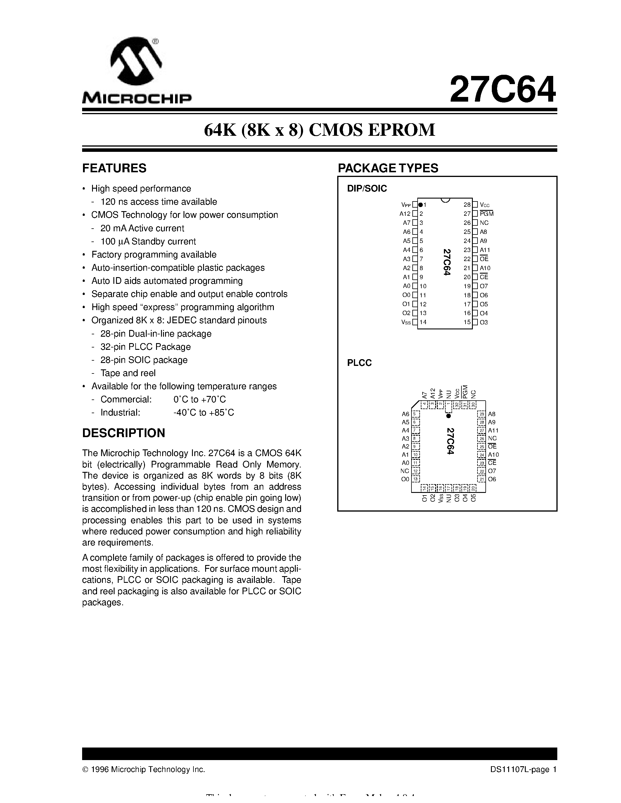Datasheet 27C64 - 64K (8K x 8) CMOS EPROM page 1