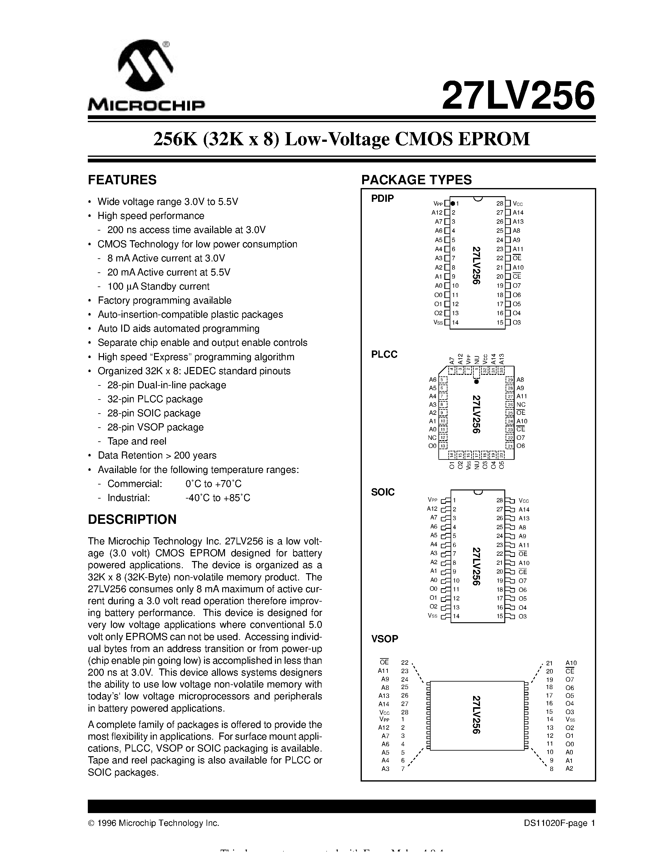 Datasheet 27LV256 - 256K (32K x 8) Low-Voltage CMOS EPROM page 1