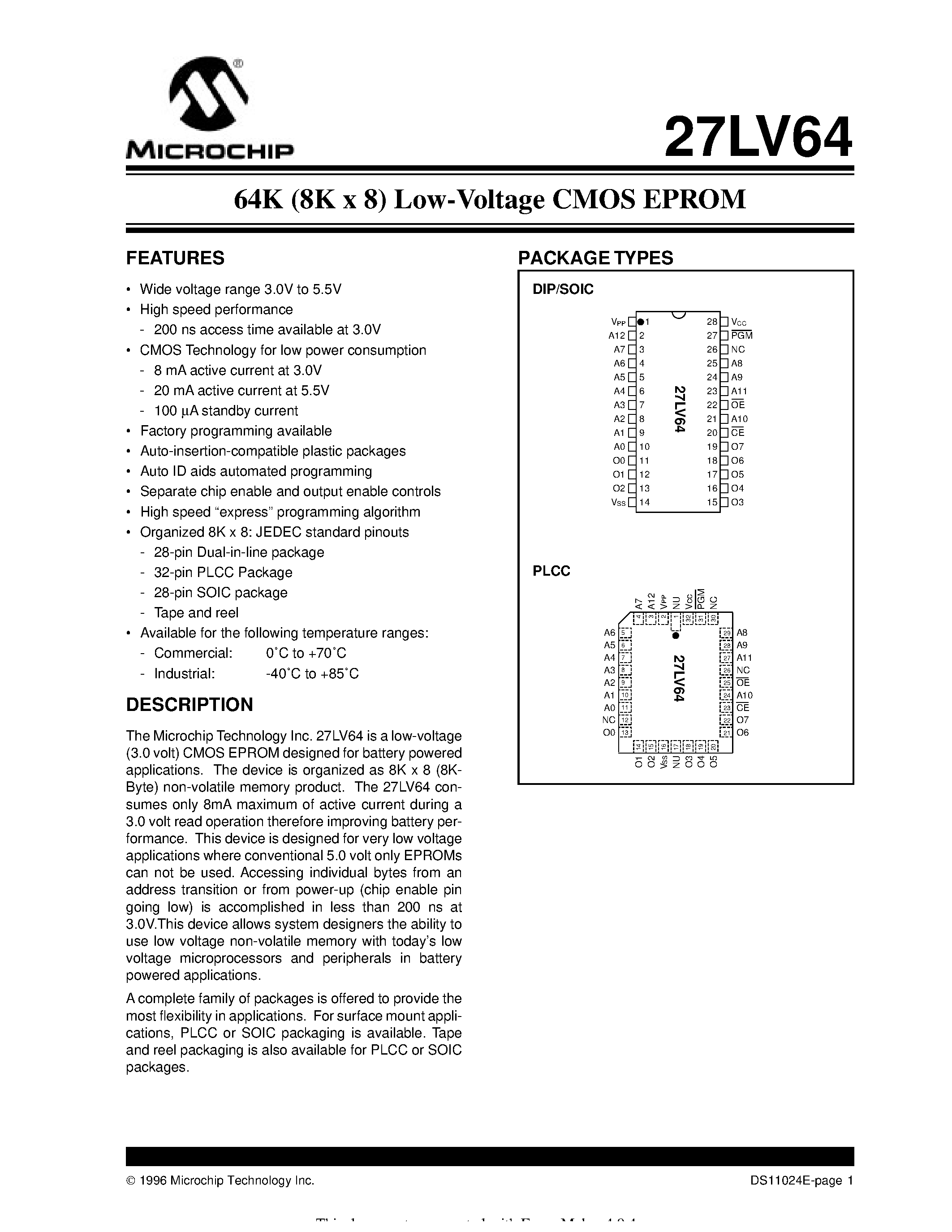 Datasheet 27LV64 - 64K (8K x 8) Low-Voltage CMOS EPROM page 1