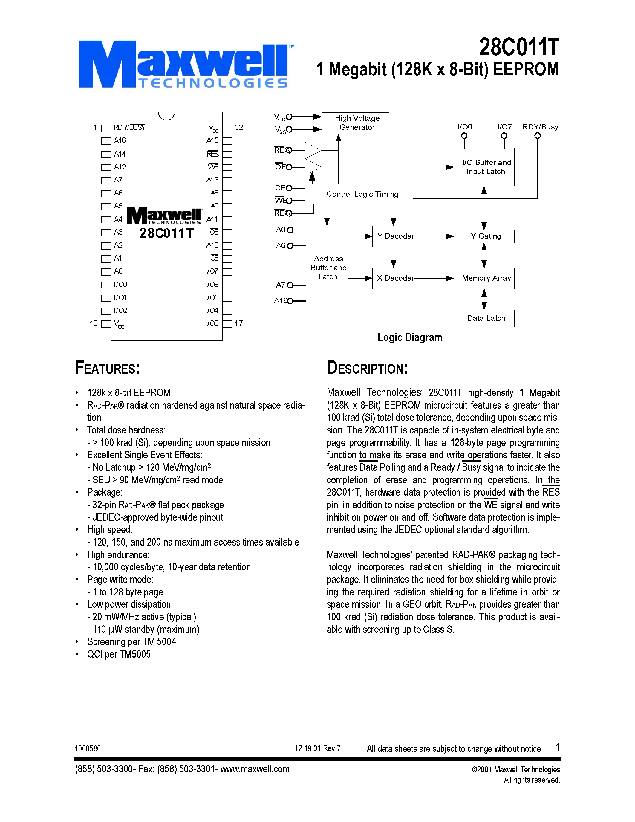 Datasheet 28C011T - 1 Megabit (128K x 8-Bit) EEPROM page 1