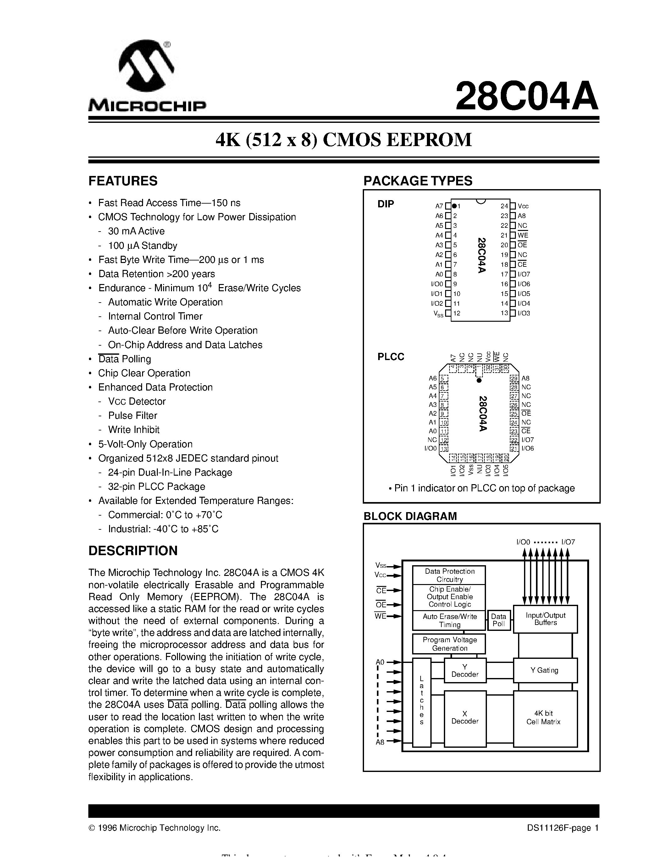Datasheet 28C04A - 4K (512 x 8) CMOS EEPROM page 1