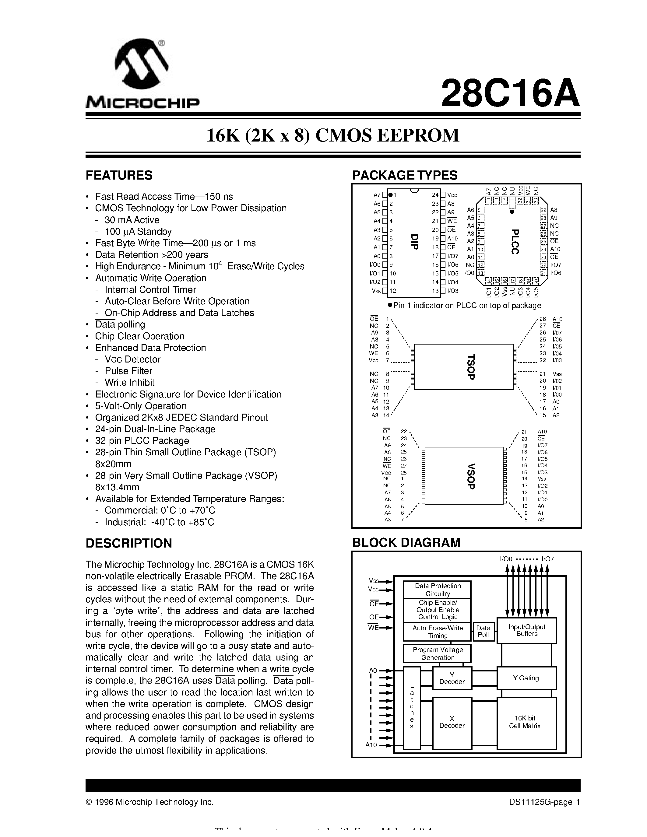 Datasheet 28C16A - 16K (2K x 8) CMOS EEPROM page 1