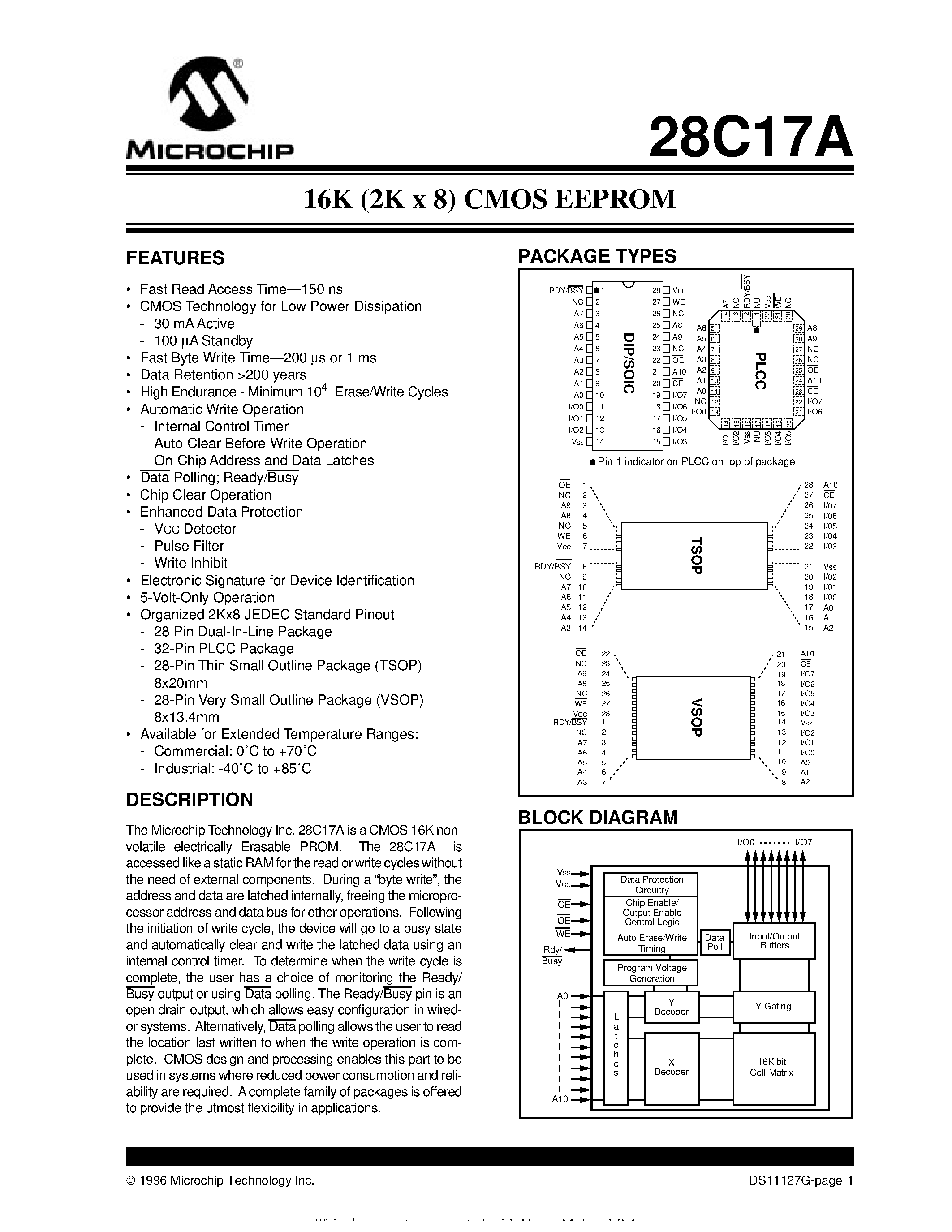 Datasheet 28C17A - 16K (2K x 8) CMOS EEPROM page 1