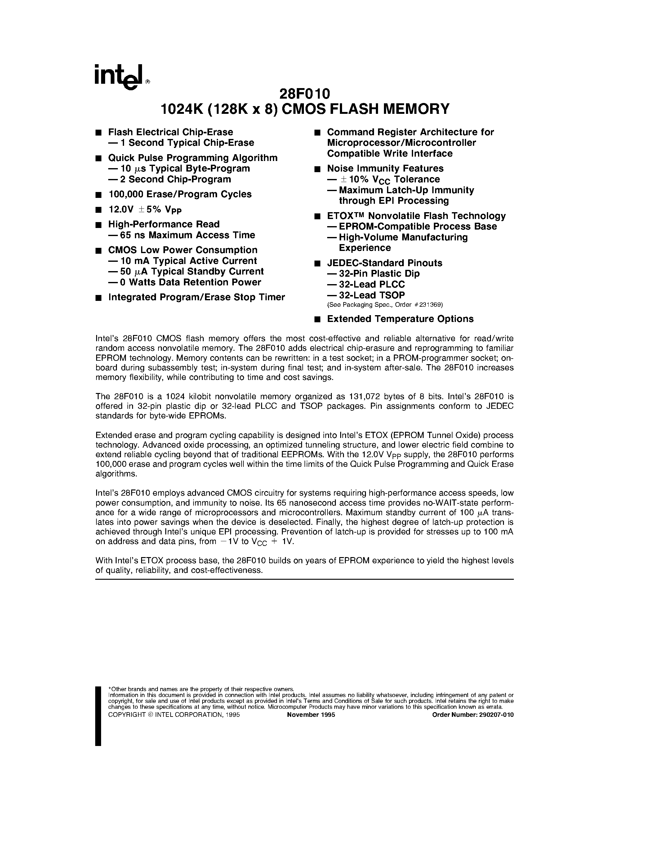 Datasheet 28F010 - 1024K (128K x 8) CMOS FLASH MEMORY page 1
