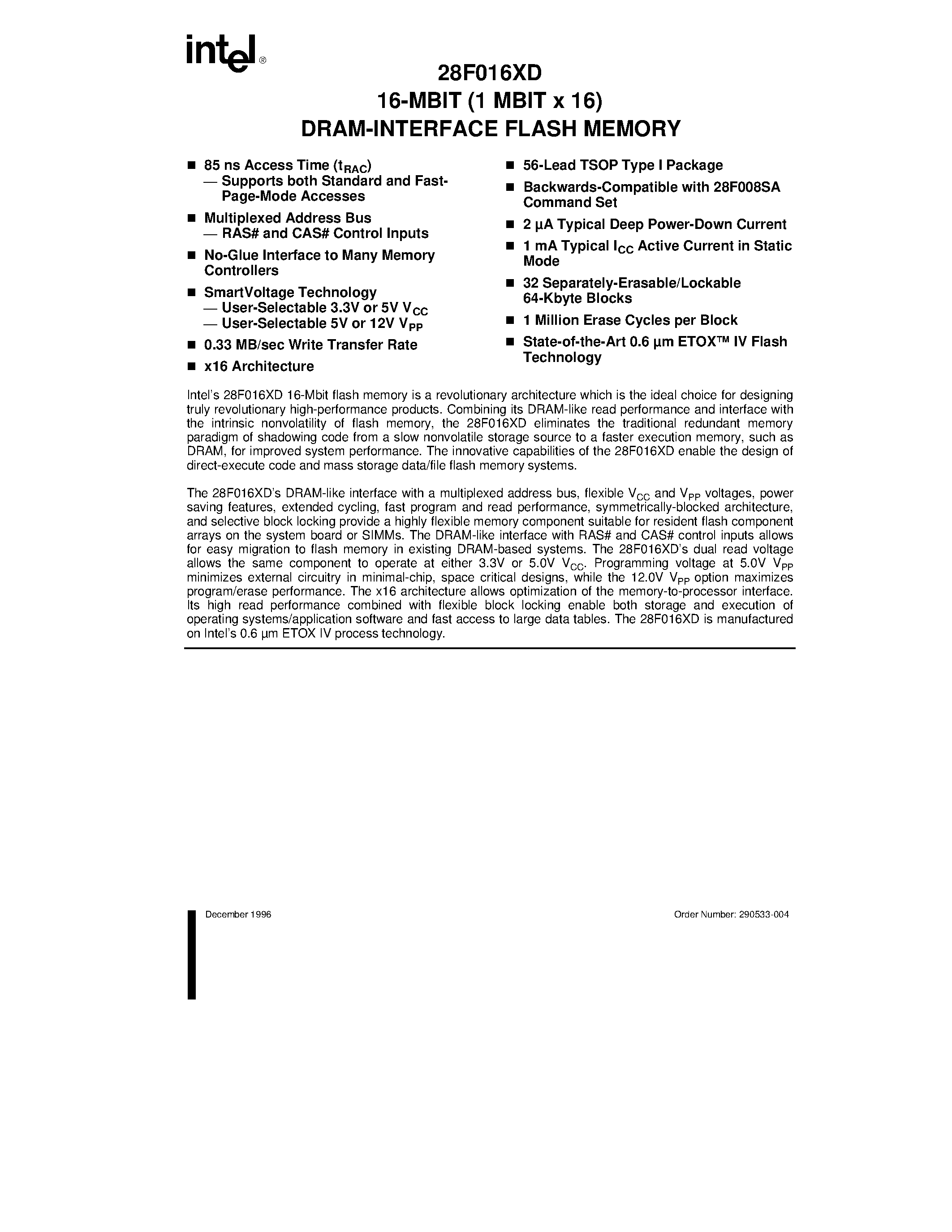 Datasheet 28F016XD - 16-MBIT (1 MBIT x 16) DRAM-INTERFACE FLASH MEMORY page 1