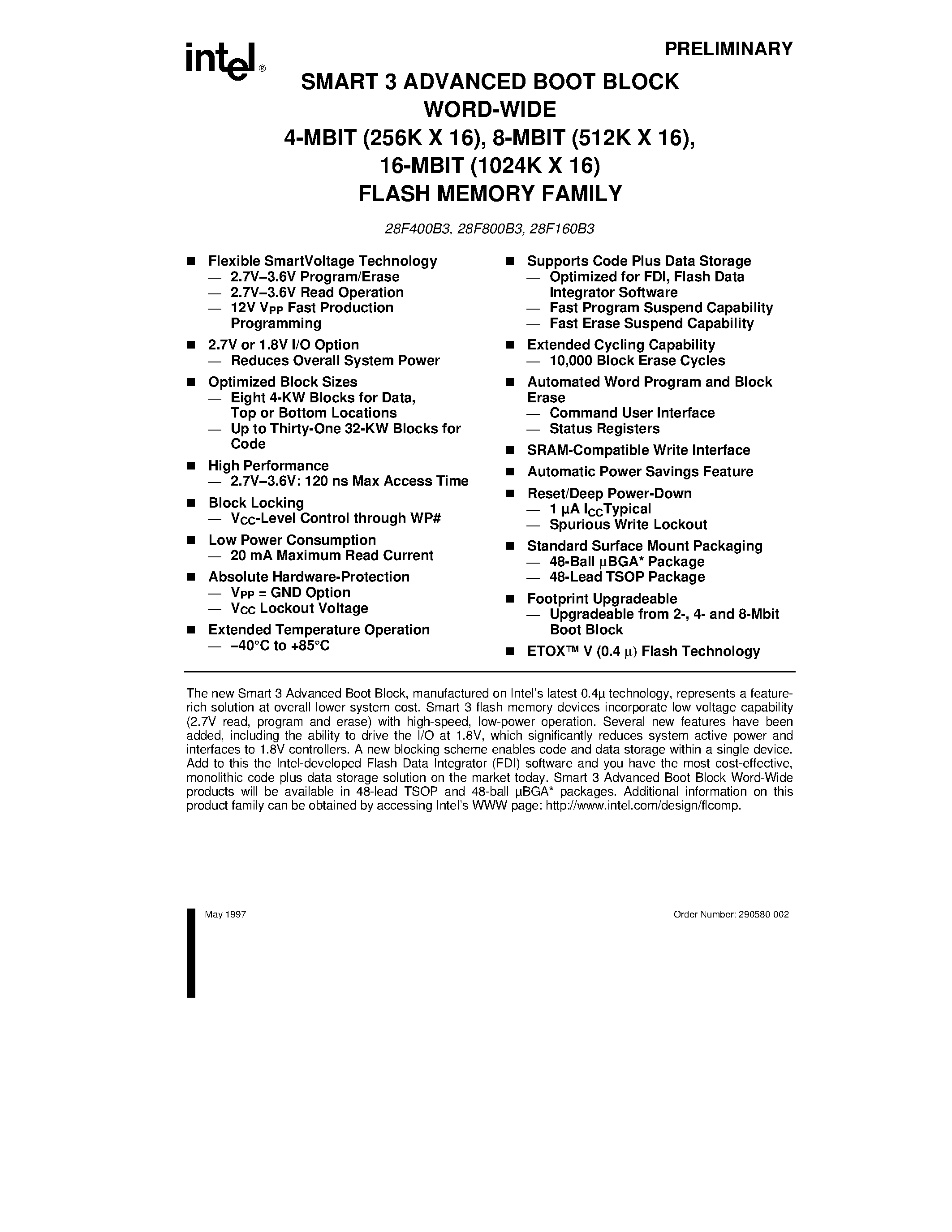 Datasheet 28F400B3 - SMART 3 ADVANCED BOOT BLOCK WORD-WIDE page 1