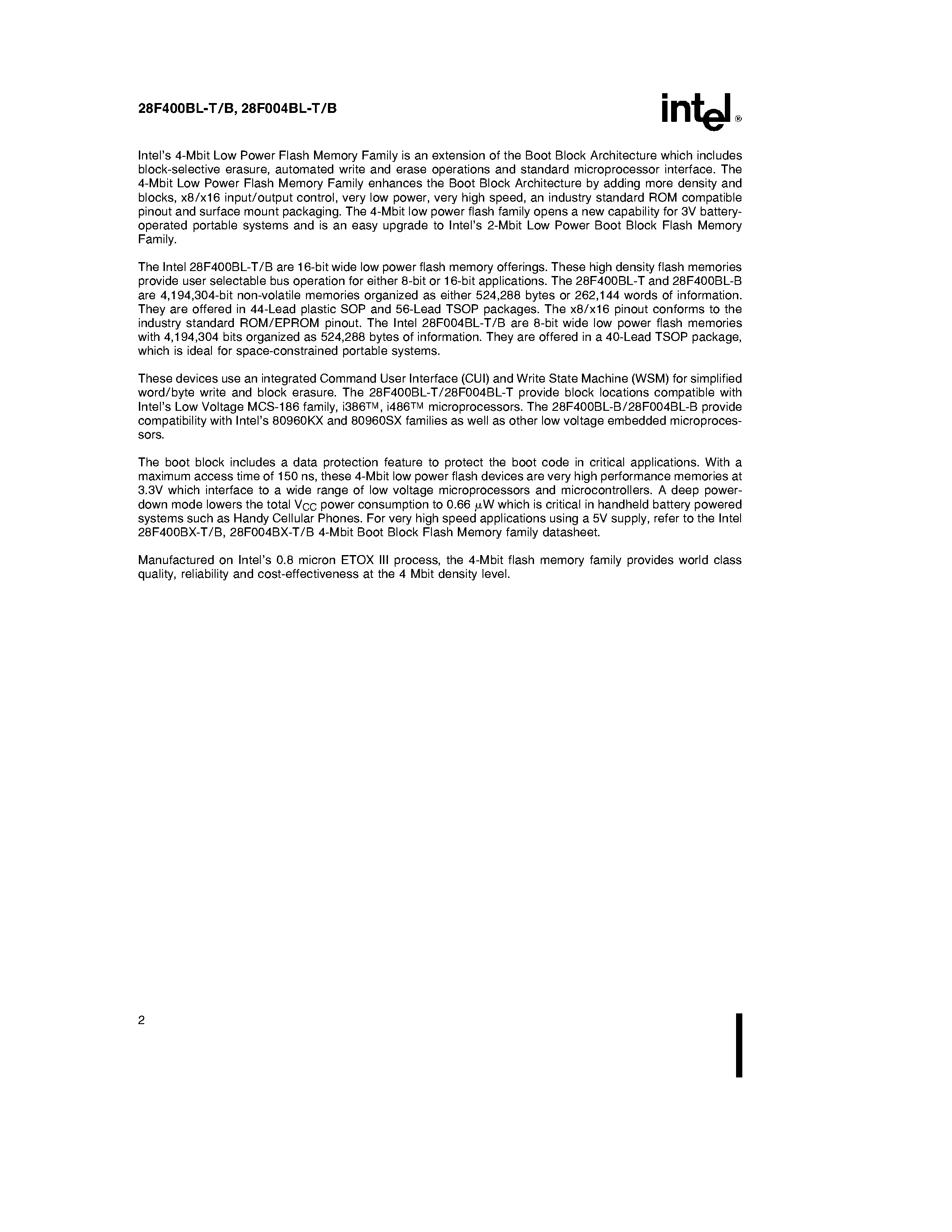 Datasheet 28F400BL-TB page 2 Datasheet 28F400BL-TB - 4-MBlT (256K x 16 / 512K x 8) LOW-POWER BOOT BLOCK FLASH MEMORY FAMILY page 2