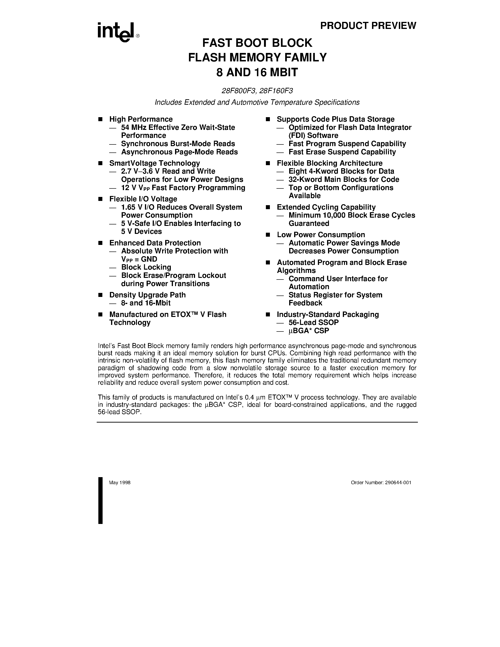 Datasheet 28F800F3 - FAST BOOT BLOCK FLASH MEMORY FAMILY 8 AND 16 MBIT page 1