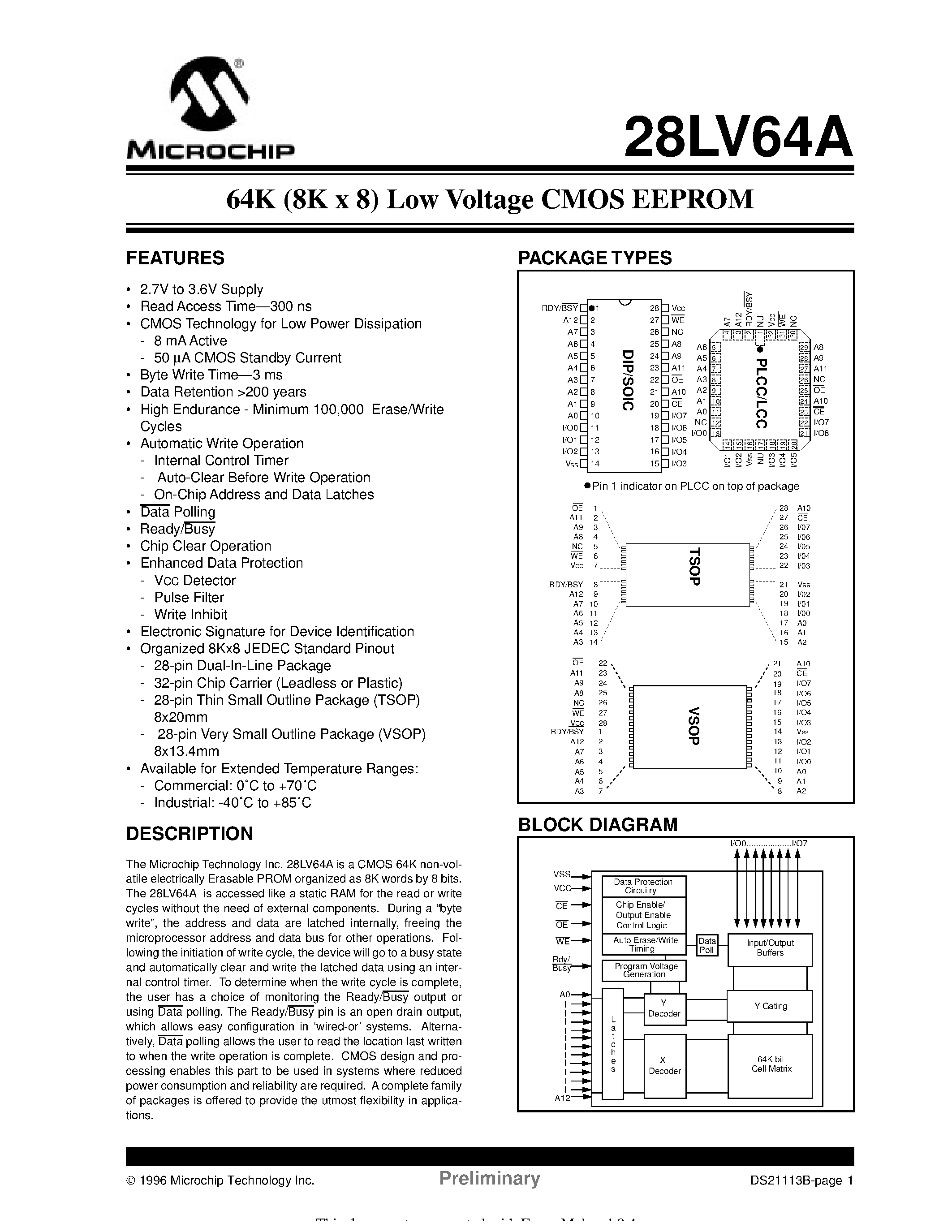 Datasheet 28LV64A - 64K (8K x 8) Low Voltage CMOS EEPROM page 1