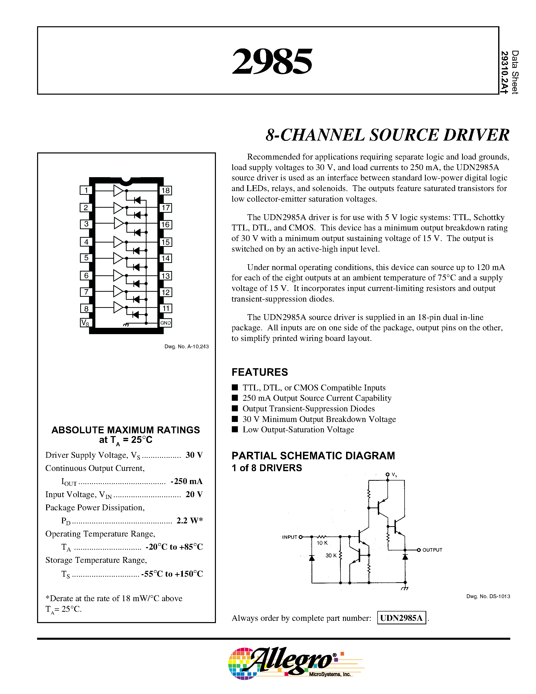 Datasheet 2985 - 8-CHANNEL SOURCE DRIVER page 1