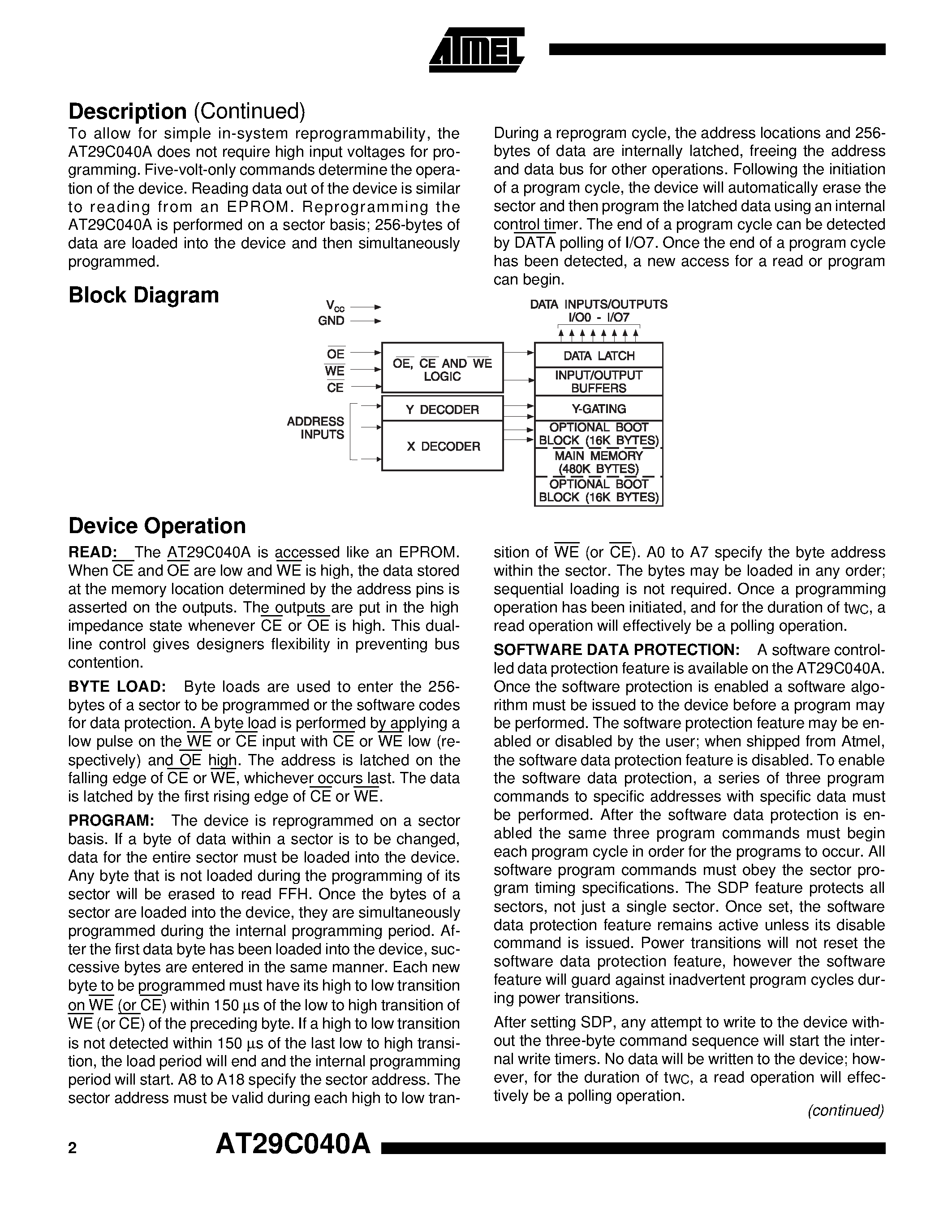 Datasheet 29C040 - 4-Megabit 512K x 8 5-volt Only 256-Byte Sector CMOS Flash Memory page 2