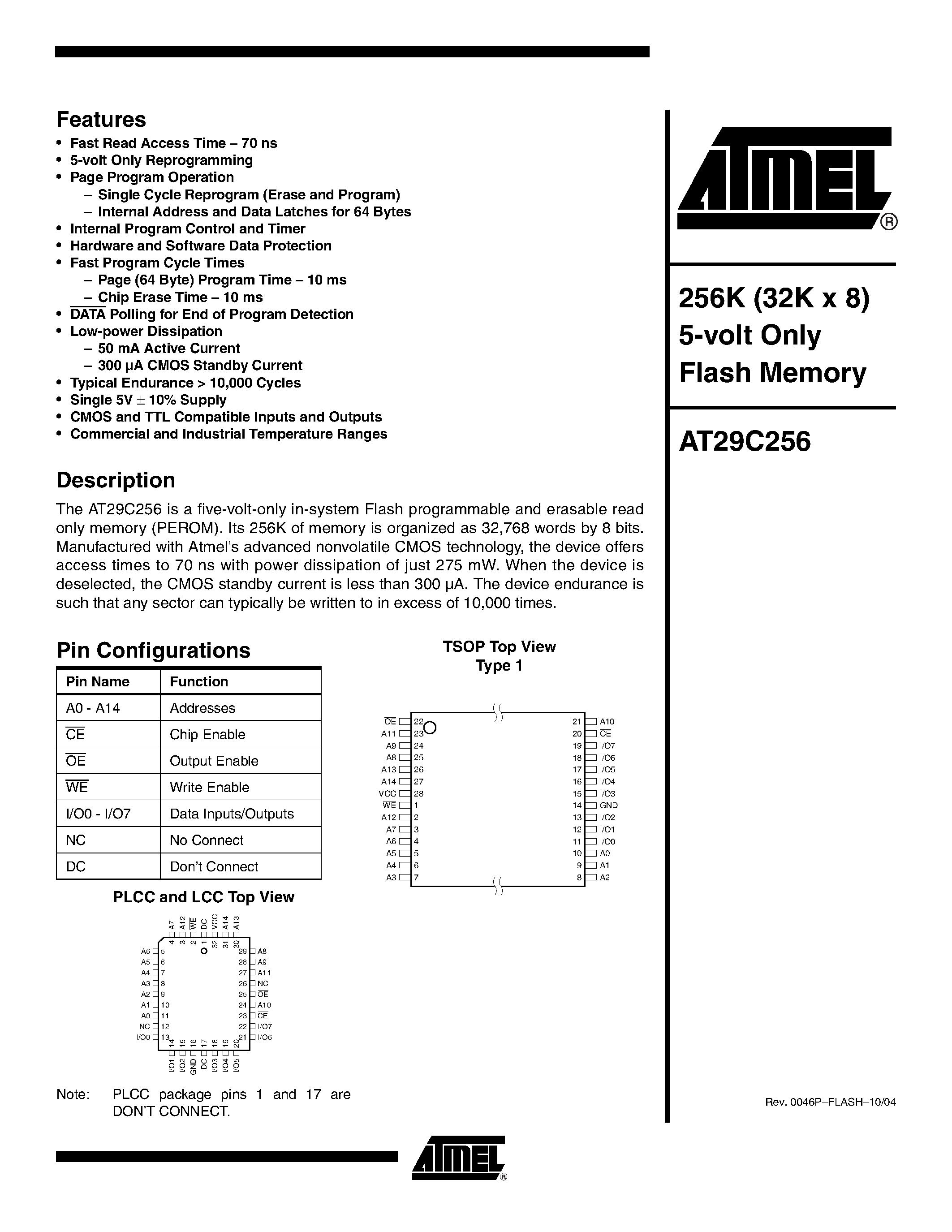Datasheet 29C256 - 256K 32K x 8 5-volt Only CMOS Flash Memory page 1