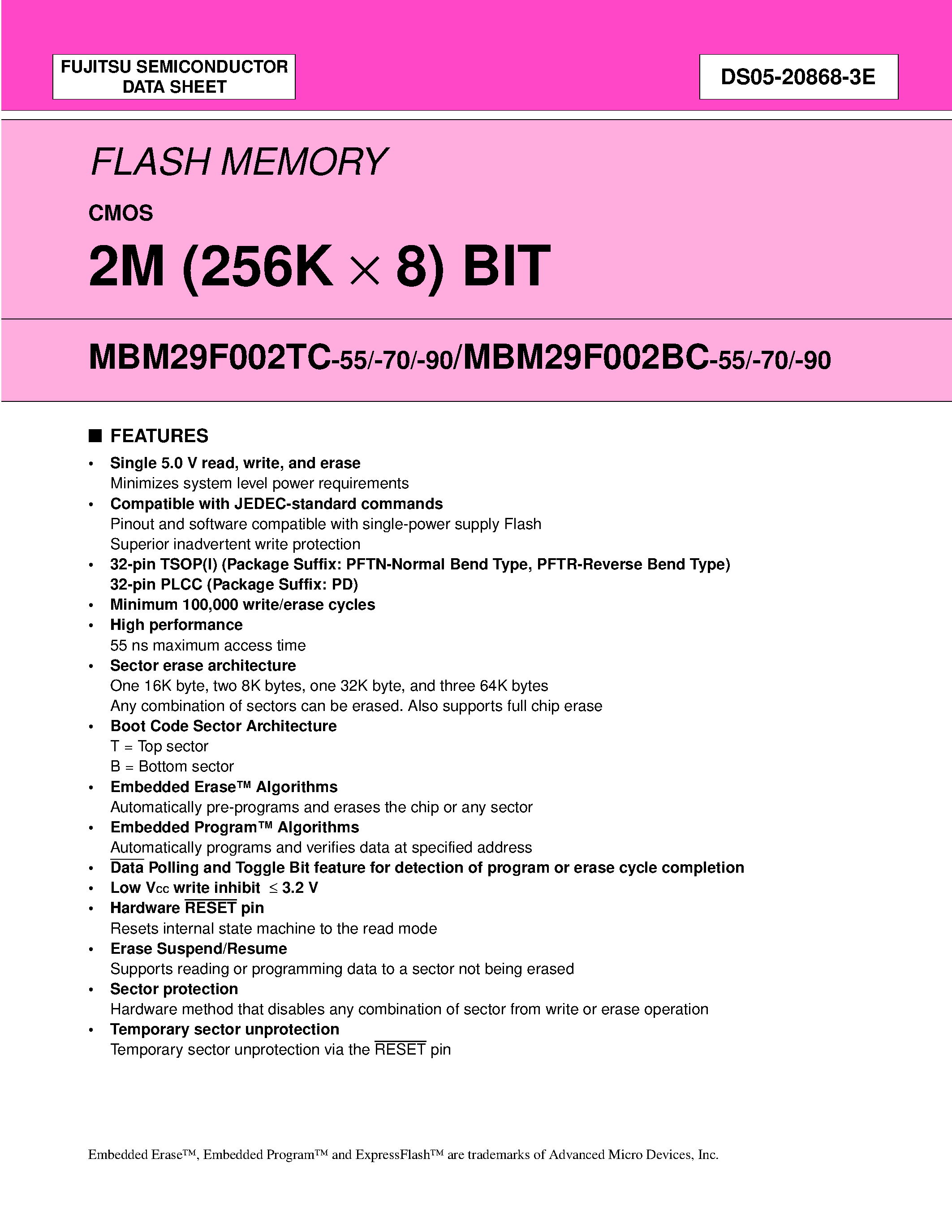 Datasheet 29F002 - 2M (256K X 8) BIT page 1