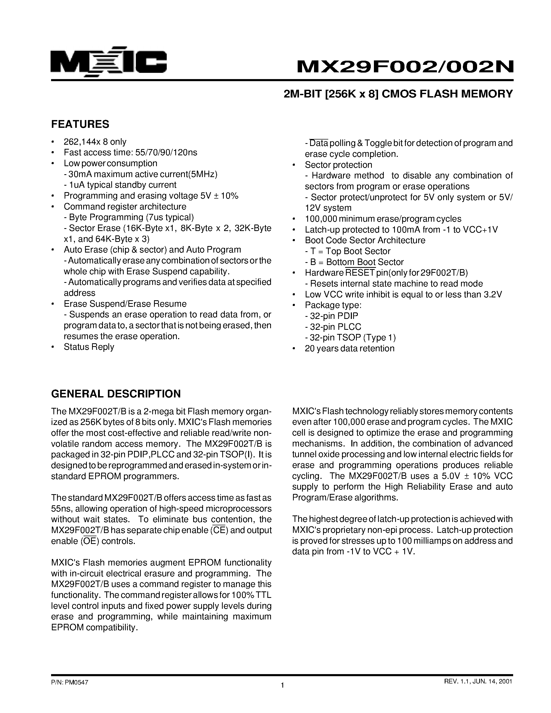 Datasheet 29F002 - 2M-BIT [256K x 8] CMOS FLASH MEMORY page 1
