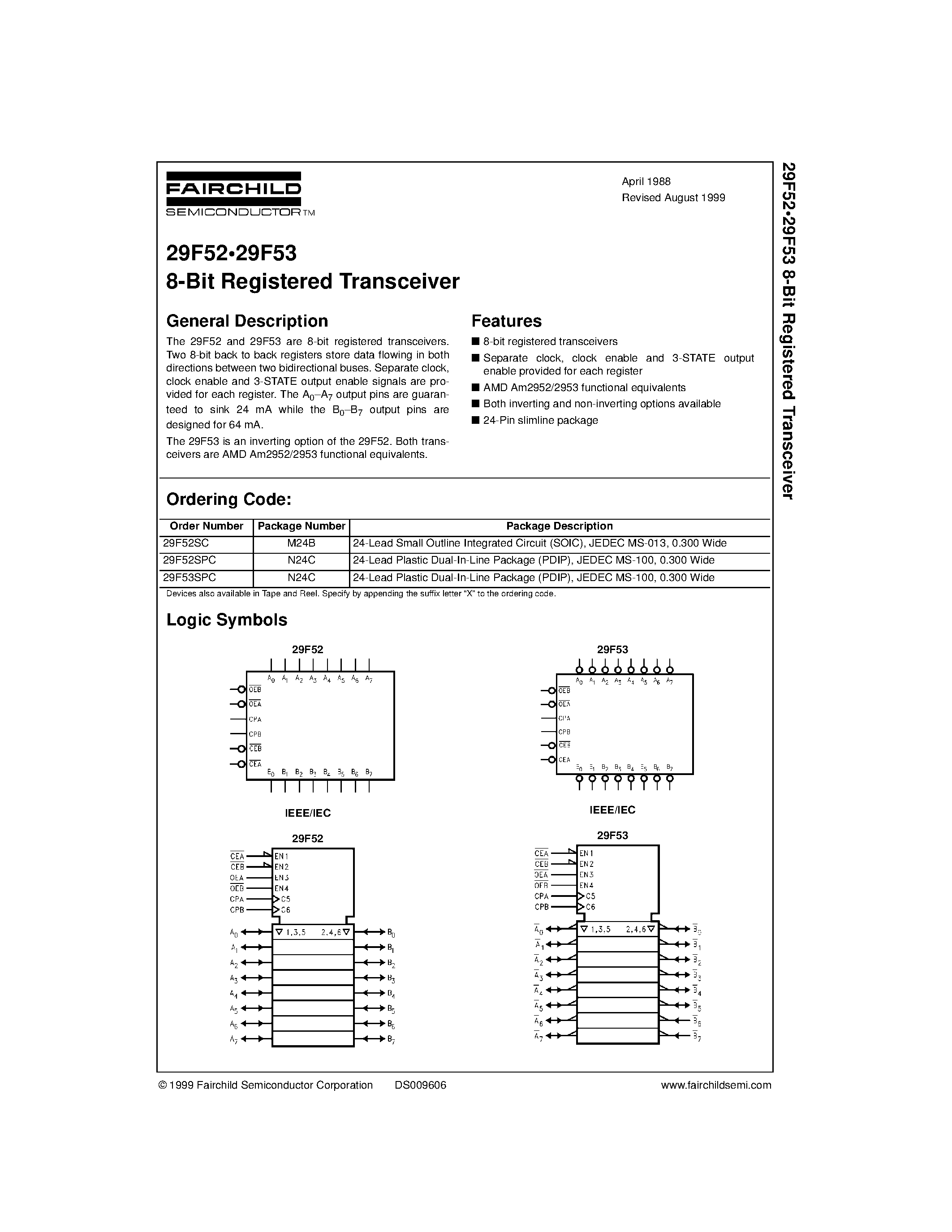 Даташит на микросхему 29F52 страница 1 Даташит 29F52 - 8-Bit Registered Transceiver страница 1
