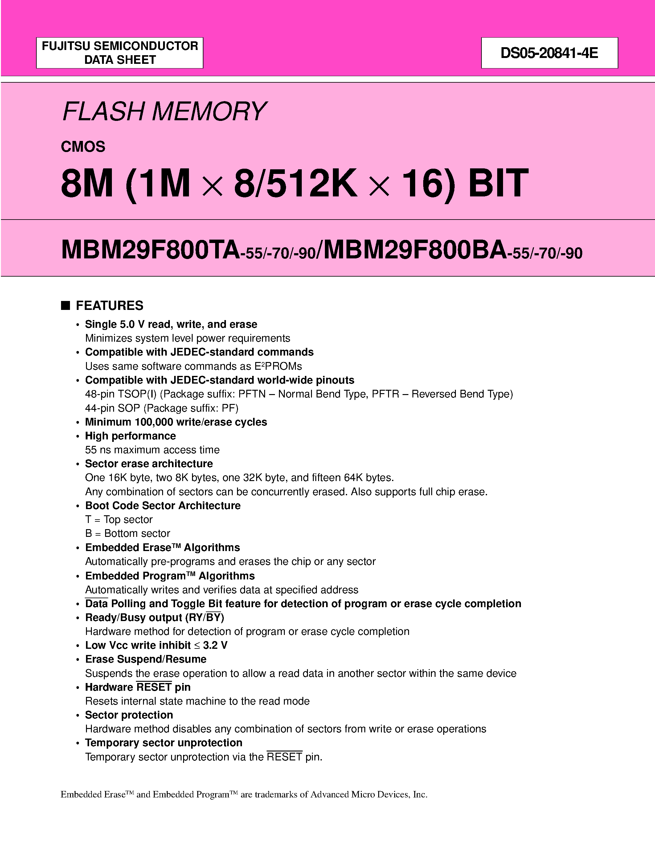 Datasheet 29F800 page 1 Datasheet 29F800 - 8M (1M X 8/512K X 16) BIT page 1