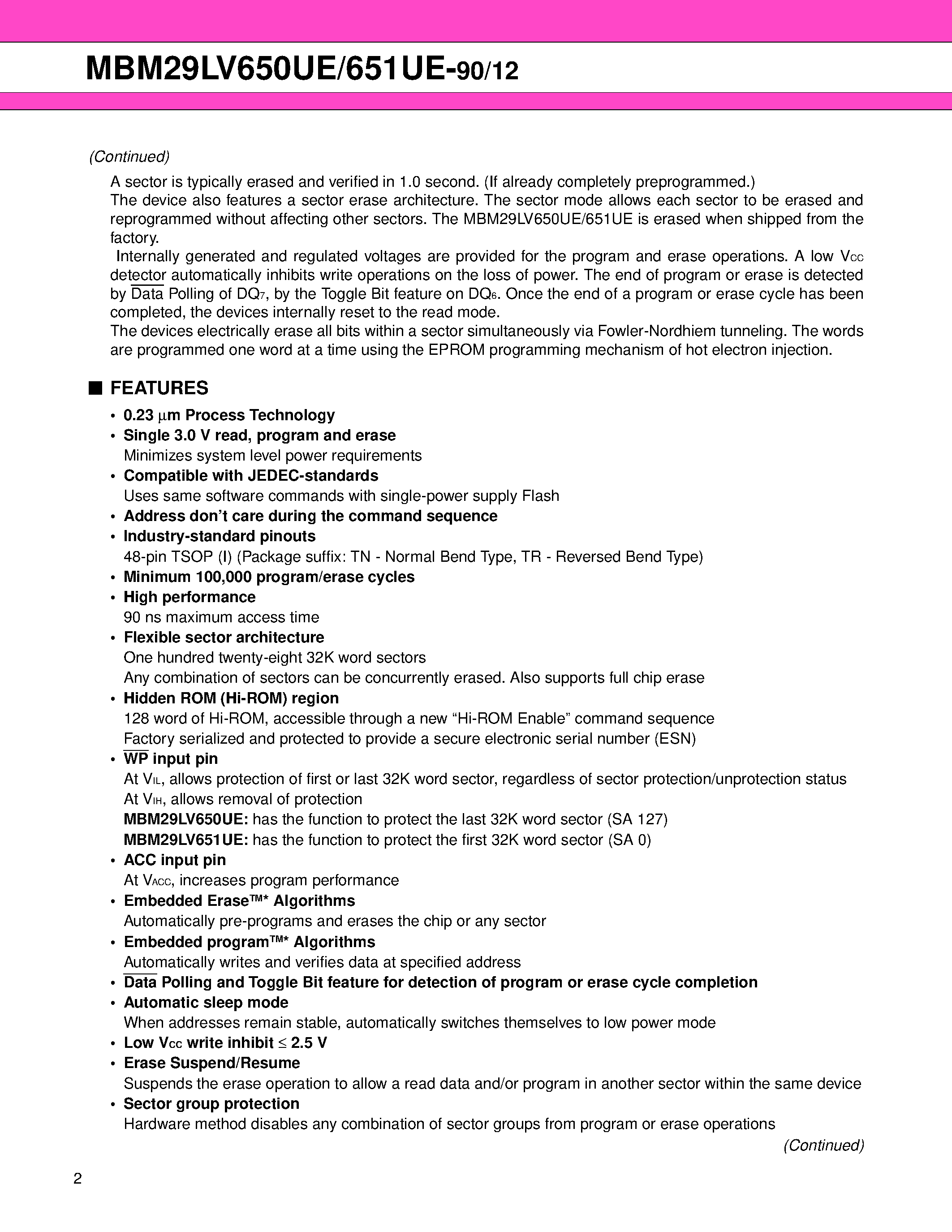 Datasheet 29LV650 - 64M (4M x 16) BIT page 2