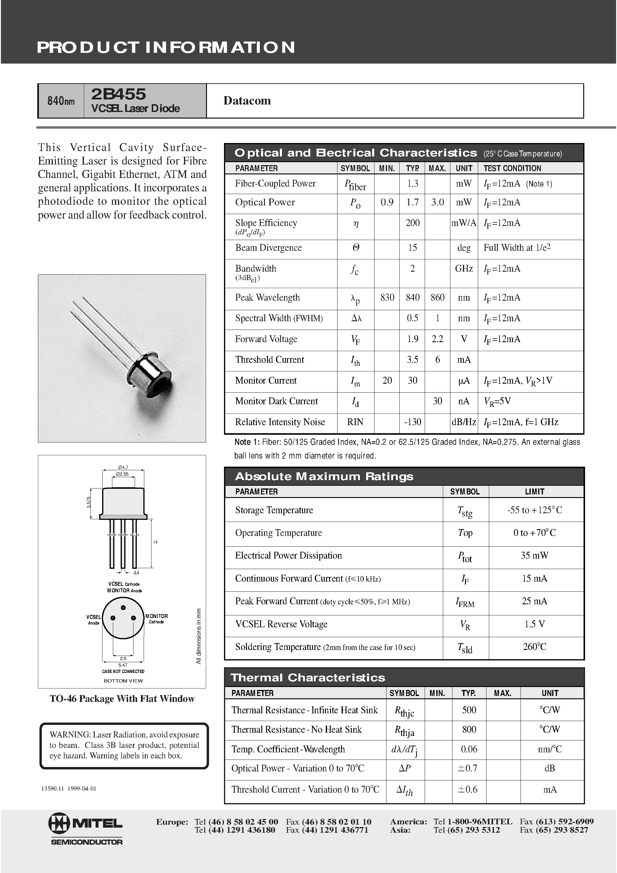 Datasheet 2B455 - VCSEL Laser Diode(Datacom) page 1