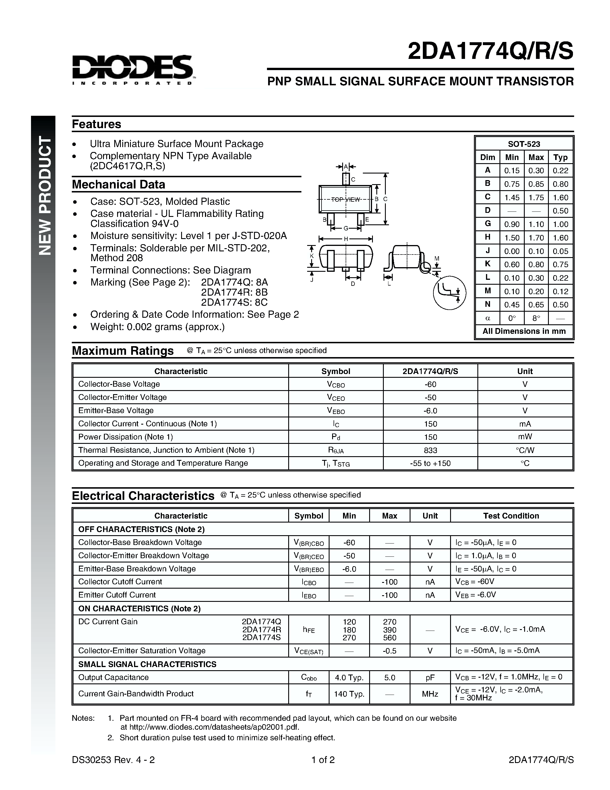Datasheet 2DA1774S page 1 Datasheet 2DA1774S - PNP SMALL SIGNAL SURFACE MOUNT TRANSISTOR page 1
