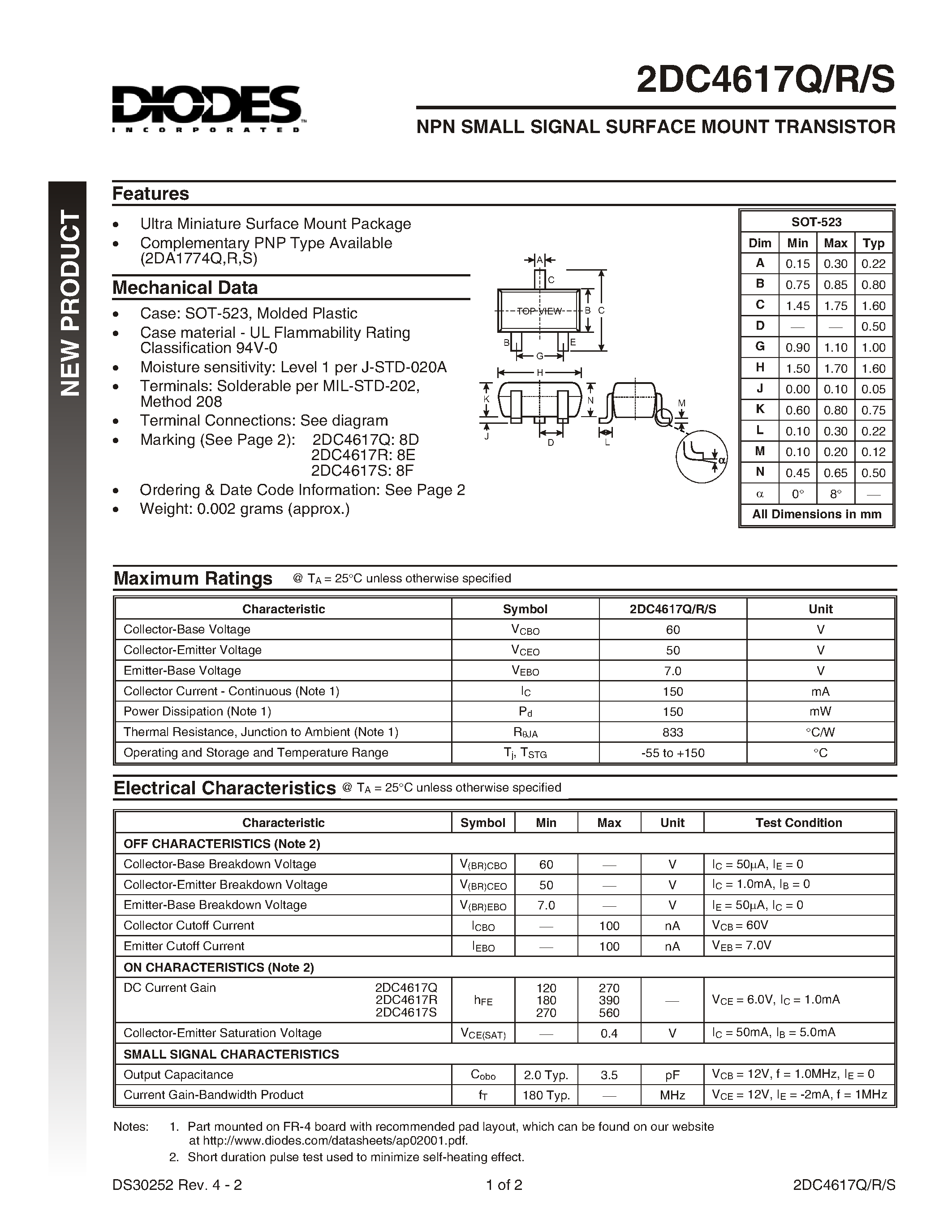 Datasheet 2DC4617Q - NPN SMALL SIGNAL SURFACE MOUNT TRANSISTOR page 1