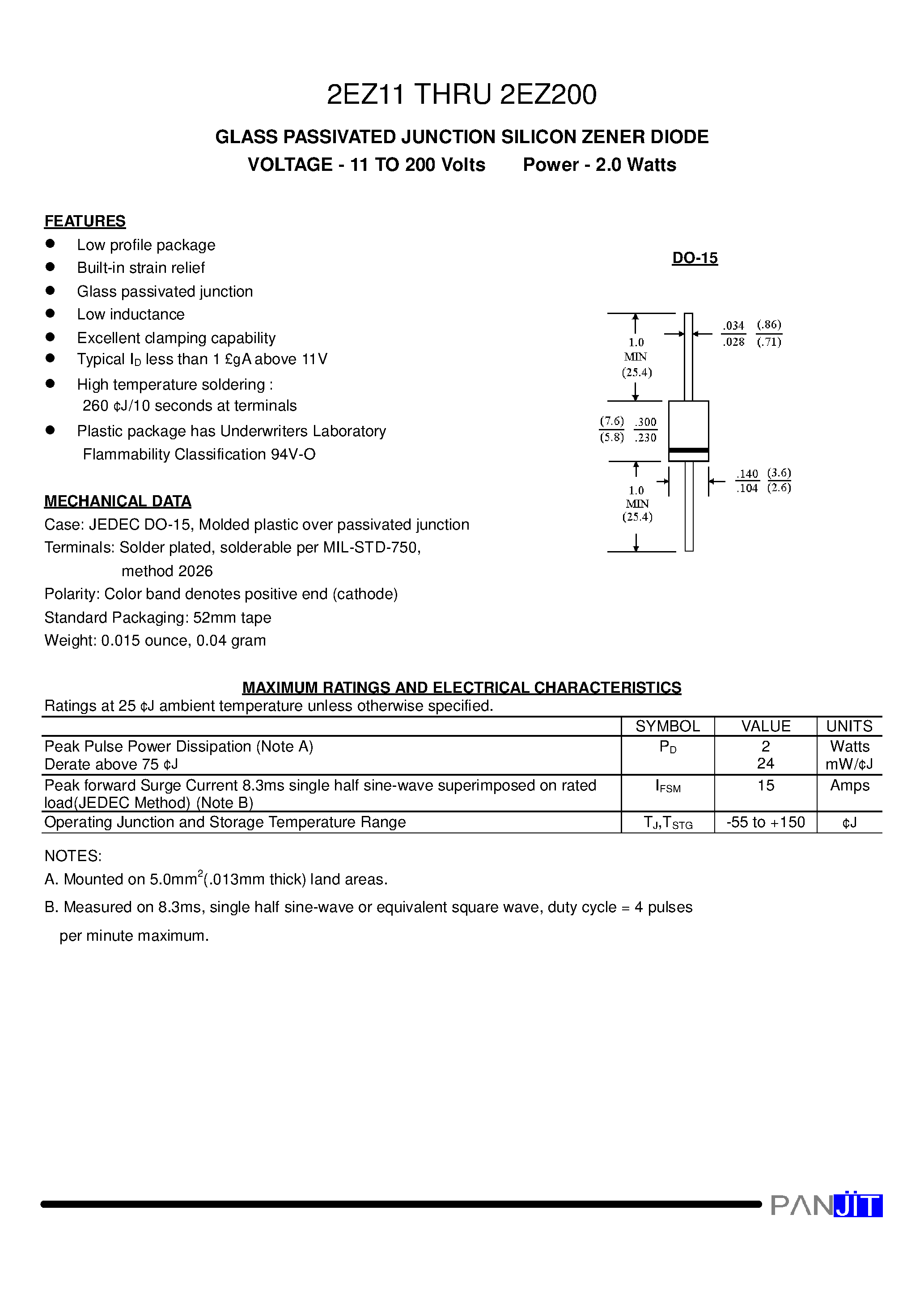 Datasheet 2EZ14 - GLASS PASSIVATED JUNCTION SILICON ZENER DIODE(VOLTAGE - 11 TO 200 Volts Power - 2.0 Watts) page 1
