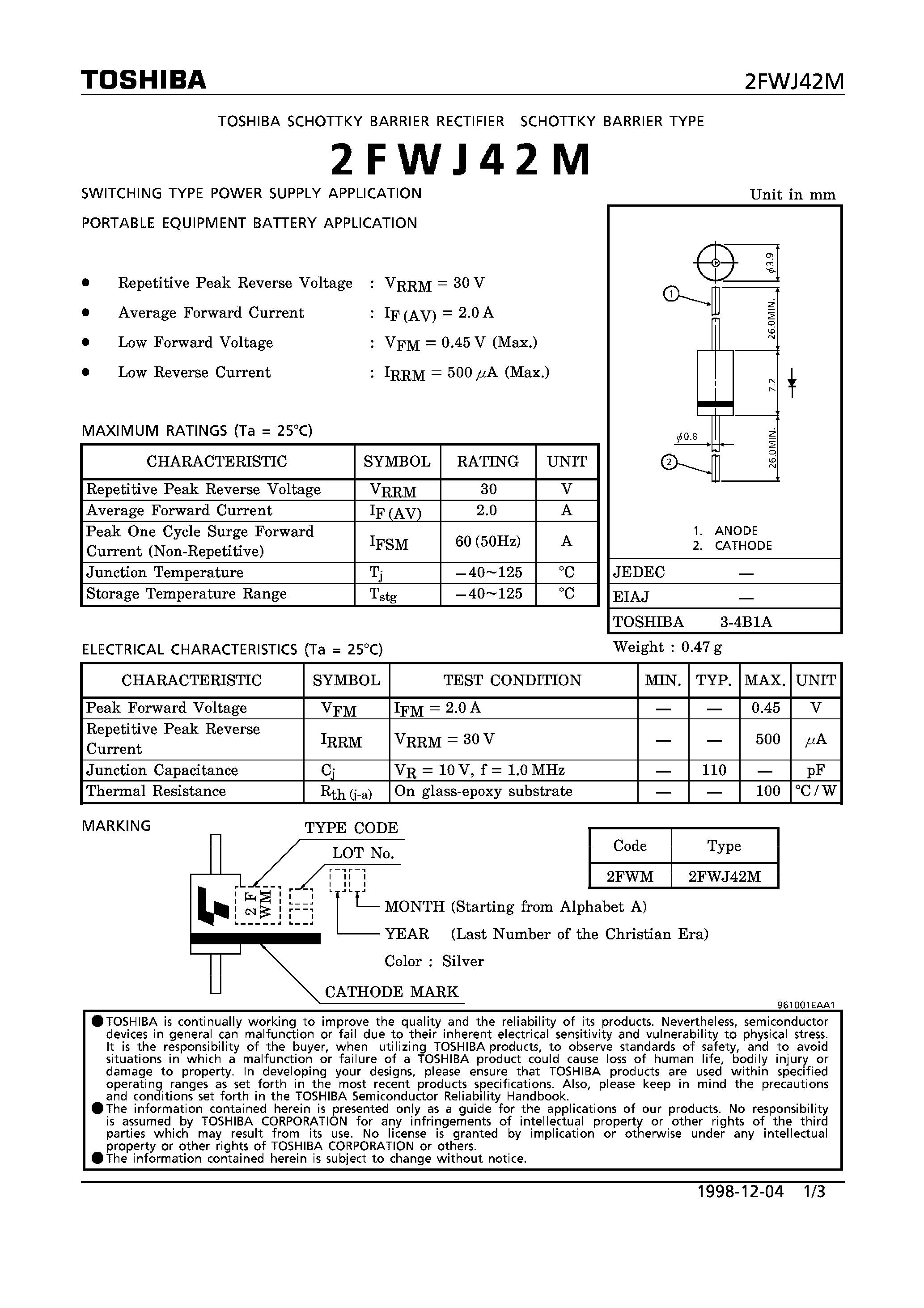 Datasheet 2FWJ42M page 1 Datasheet 2FWJ42M - SCHOTTKY BARRIER RECTIFIER (SWITCHING TYPE POWER SUPPLY APPLICATION) page 1
