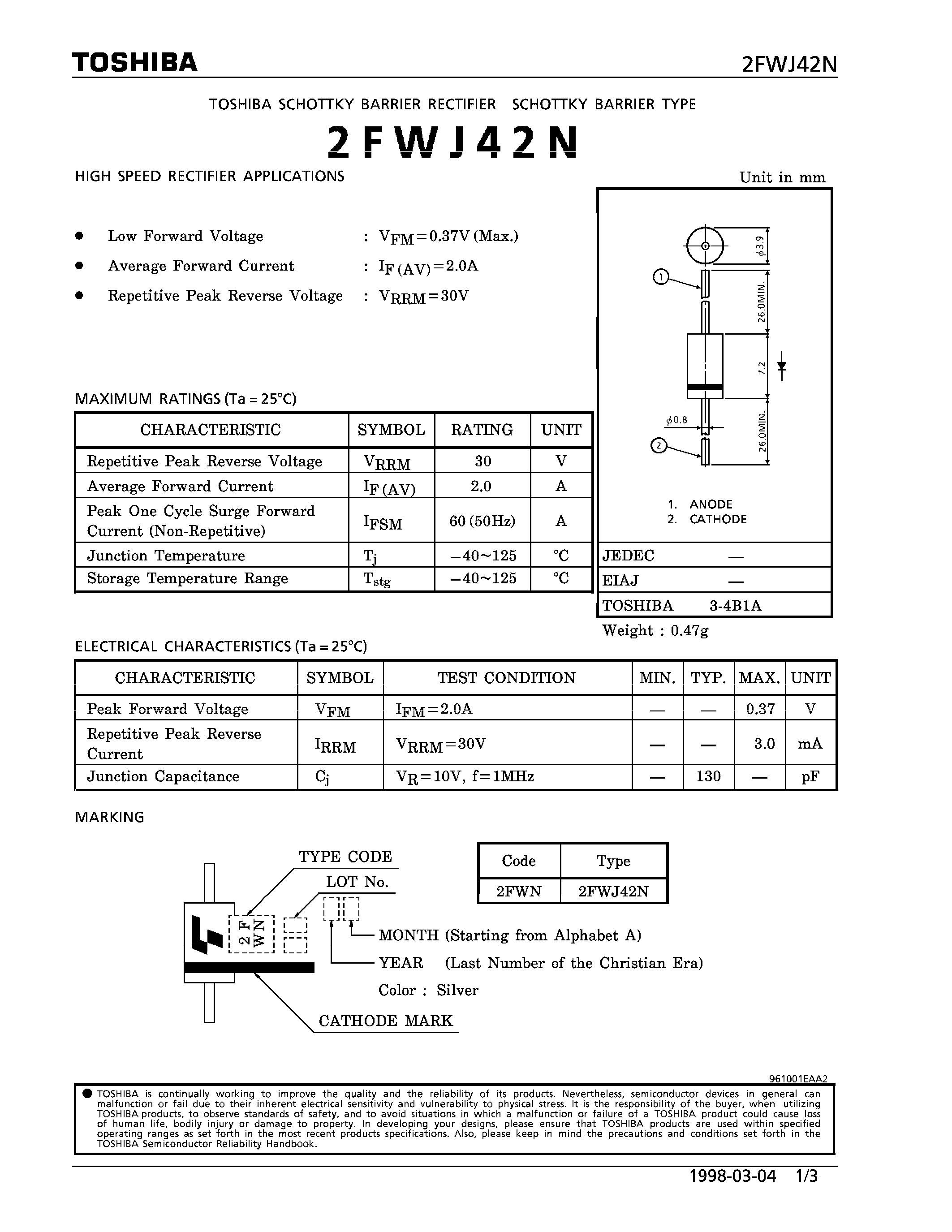 Datasheet 2FWJ42N - SCHOTTKY BARRIER RECTIFIER (HIGH SPEED RECTIFIER APLICATIONS) page 1