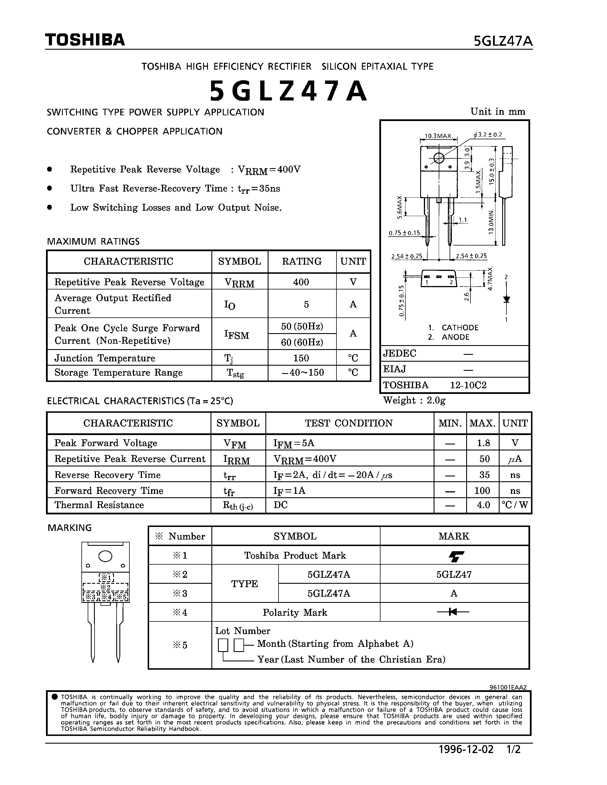 Datasheet 2GLZ47A page 1 Datasheet 2GLZ47A - HIGH EFFICIENCY RECTIFIER (SWITCHING TYPE POWER SUPPLY APPLICATION) page 1