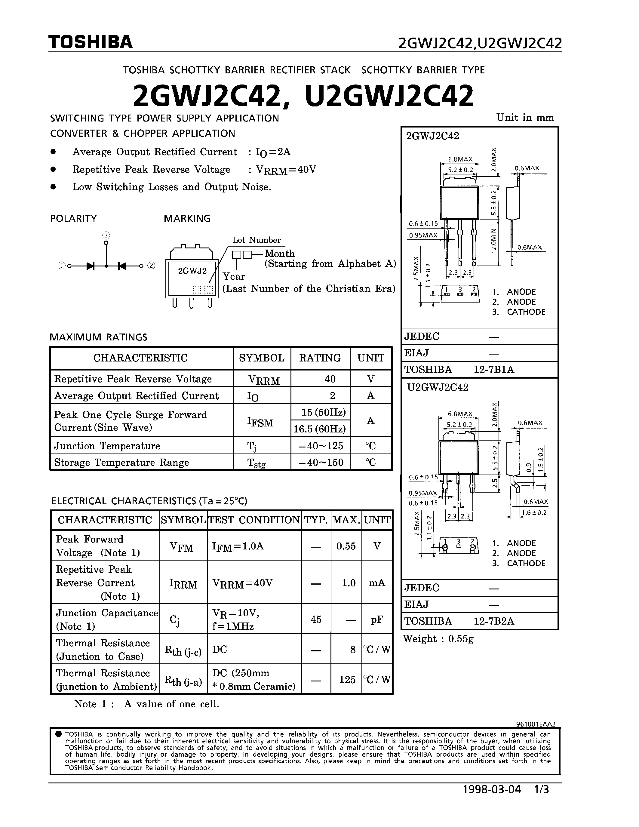 Datasheet 2GWJ2C42 page 1 Datasheet 2GWJ2C42 - SCHOTTKY BARRIER RECTIFIER STACK (SWITCHING TYPE POWER SUPPLY APPLICATION) page 1