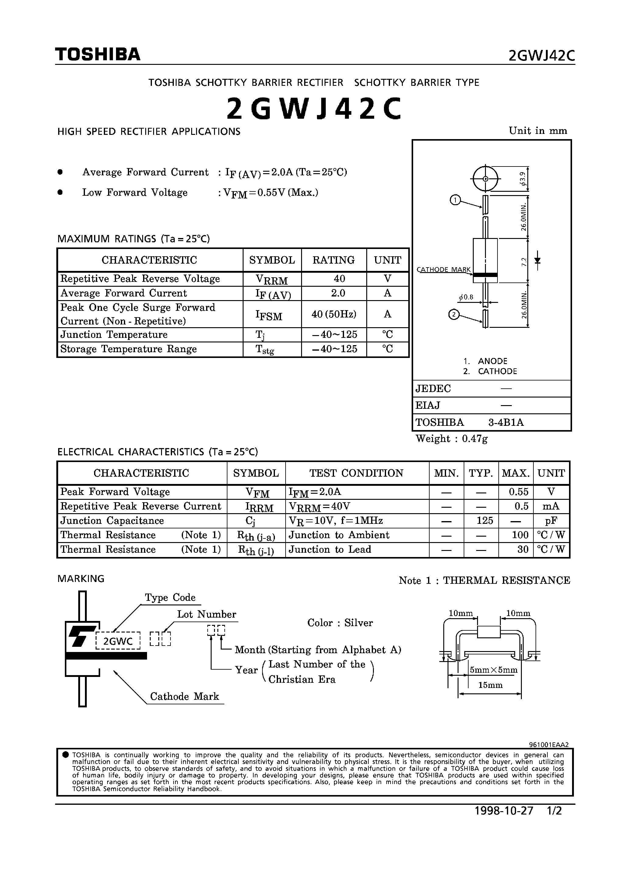 Datasheet 2GWJ42C - SCHOTTKY BARRIER RECTIFIER (HIGH SPEED RECTIFIER APPLICATIONS) page 1