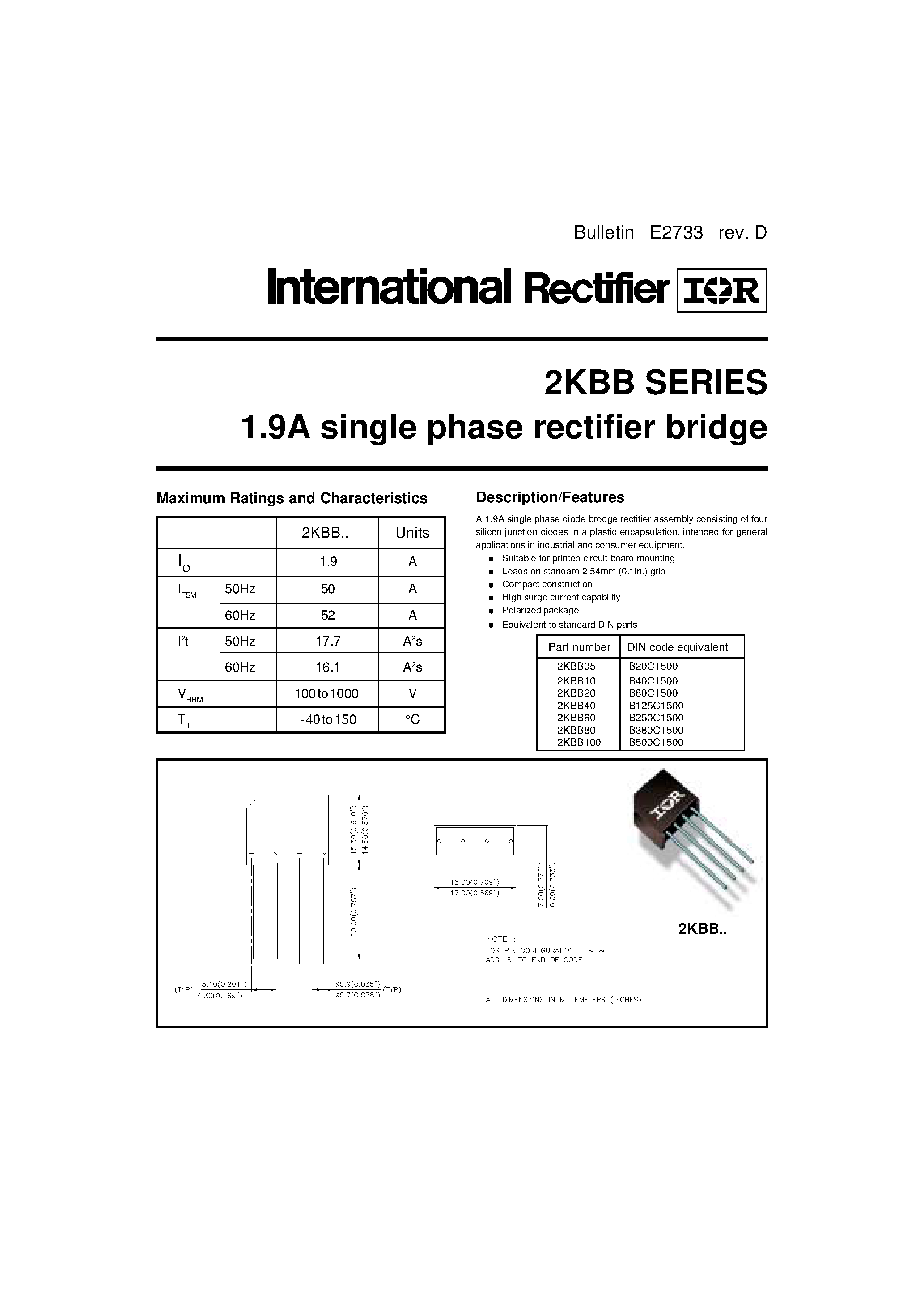 Datasheet 2KBB05 page 1 Datasheet 2KBB05 - 1.9A single phase rectifier bridge page 1