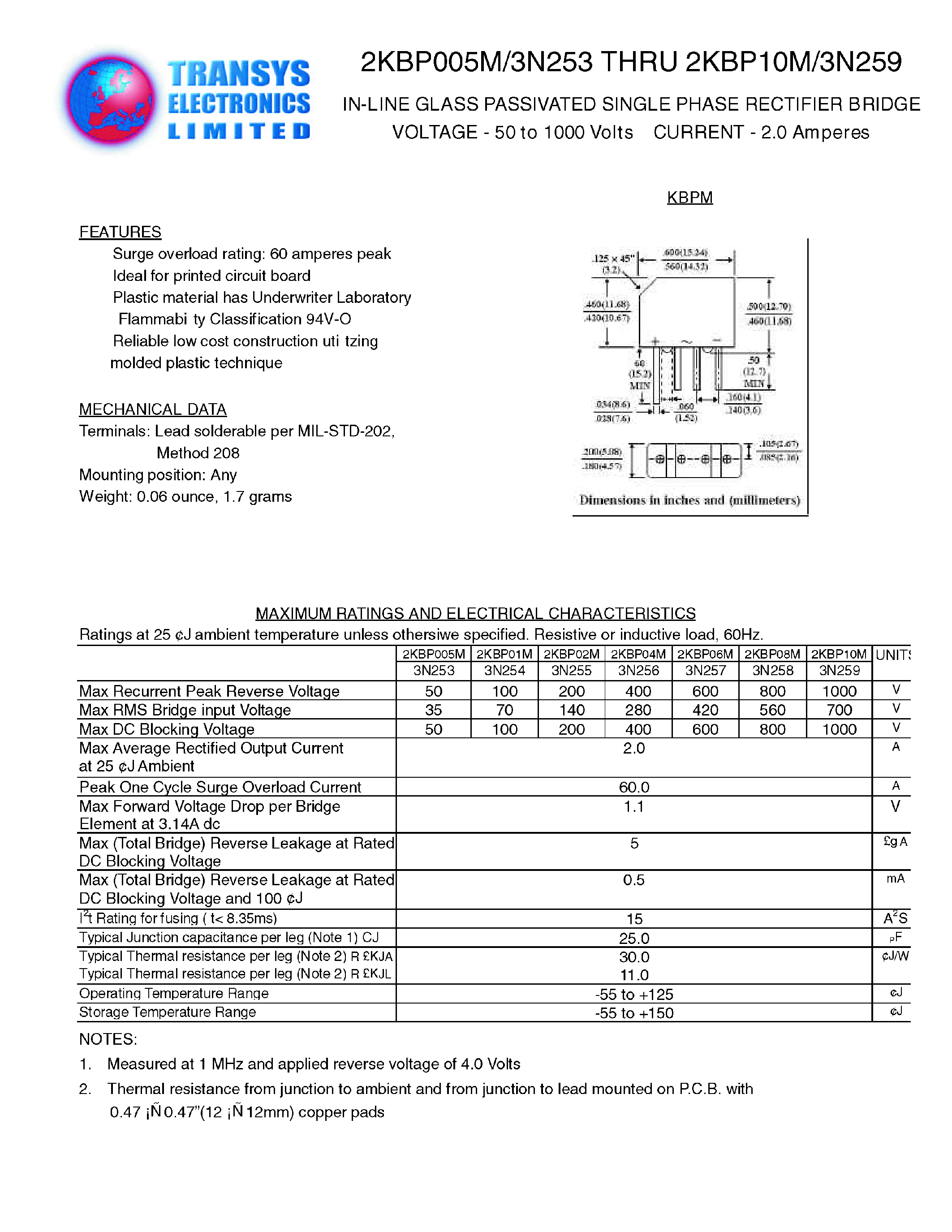 Datasheet 2KBP005M page 1 Datasheet 2KBP005M - IN-LINE GLASS PASSIVATED SINGLE PHASE RECTIFIER BRIDGE page 1