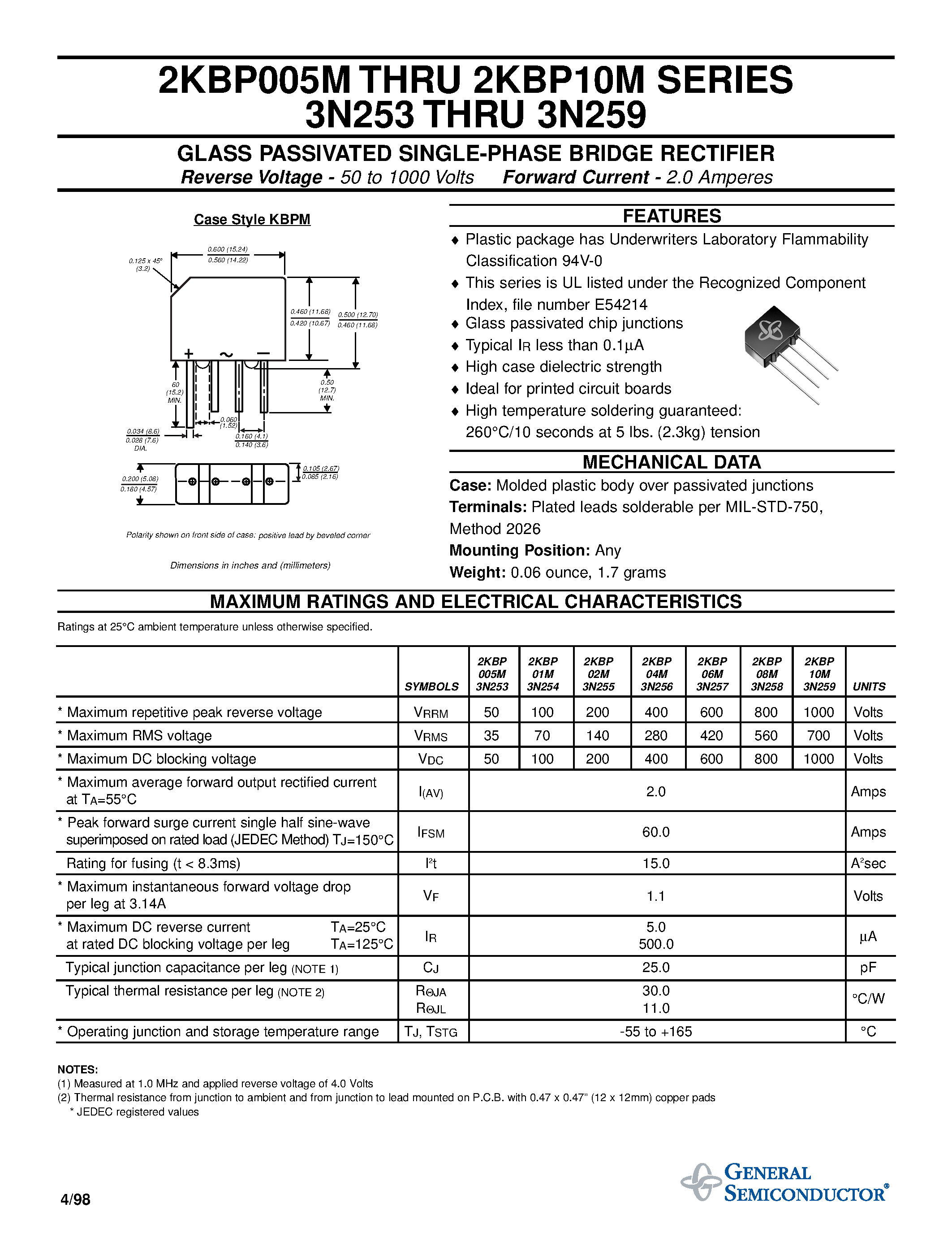 Datasheet 2KBP005M page 1 Datasheet 2KBP005M - GLASS PASSIVATED SINGLE-PHASE BRIDGE RECTIFIER page 1