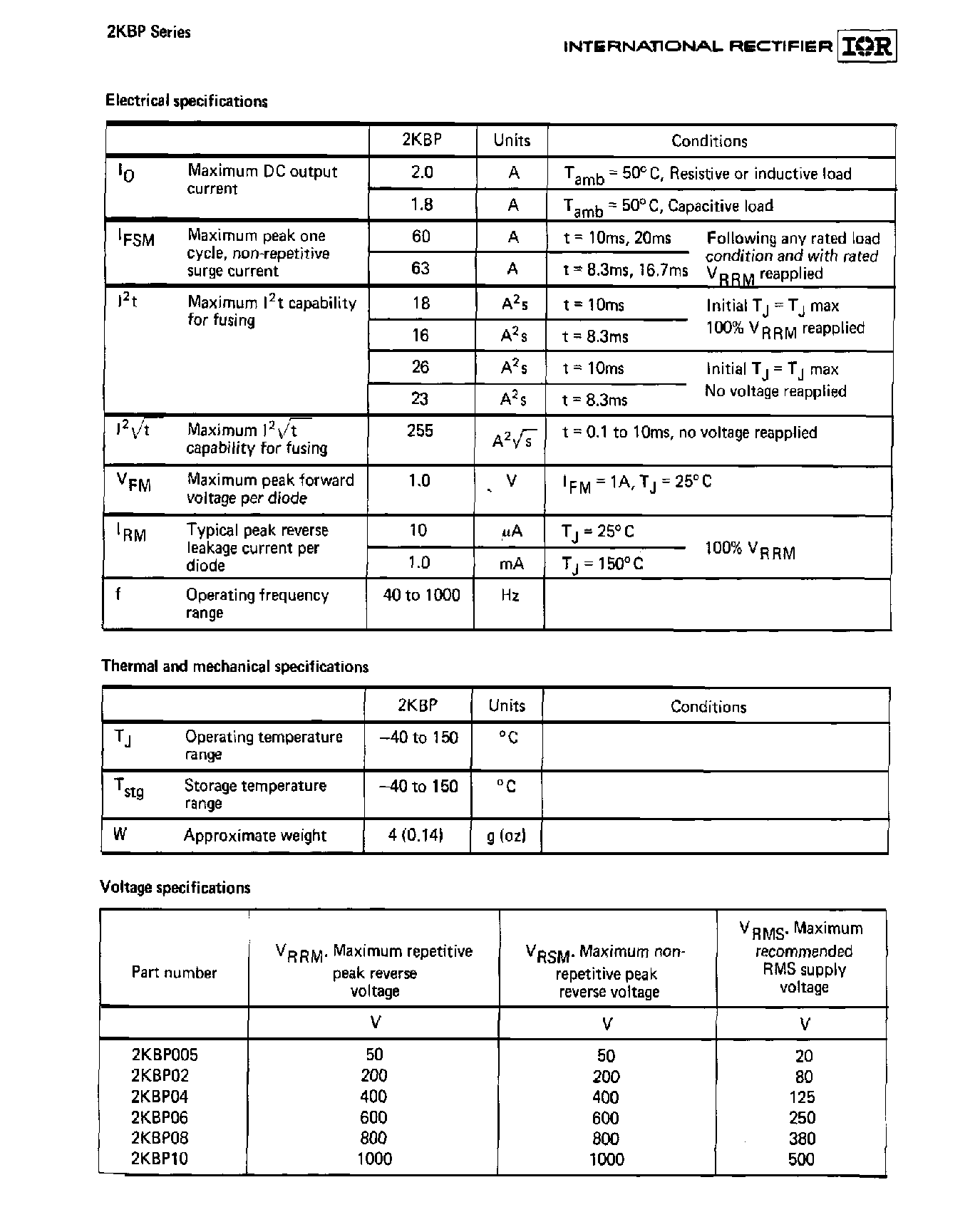 Datasheet 2KBP01 - 2A single phase rectifier bridge page 2