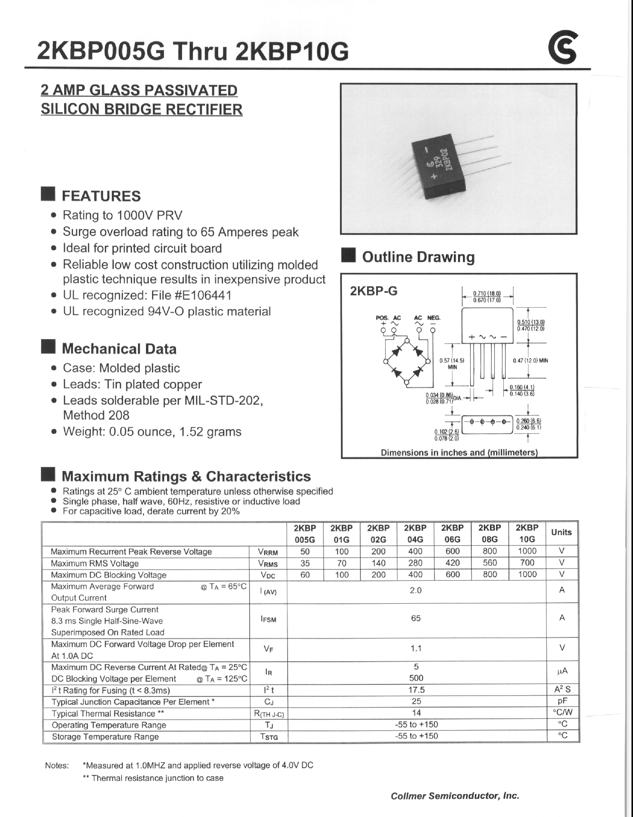 Datasheet 2KBP01G - 2 AMP GLASS PASSIVATED SILICON BRIDGE RECTIFIER page 1