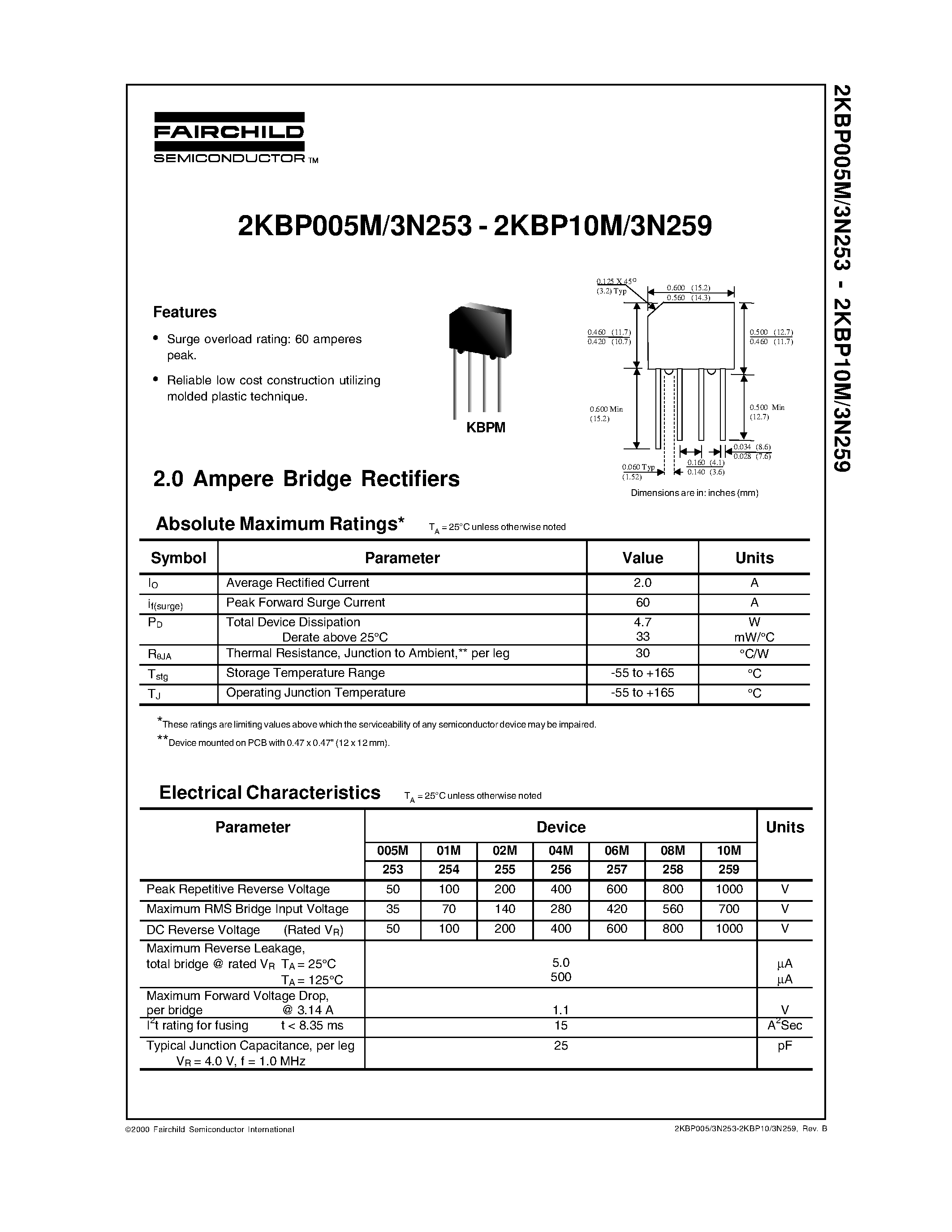 Datasheet 2KBP01M/3N254 - 2.0 Ampere Bridge Rectifiers page 1