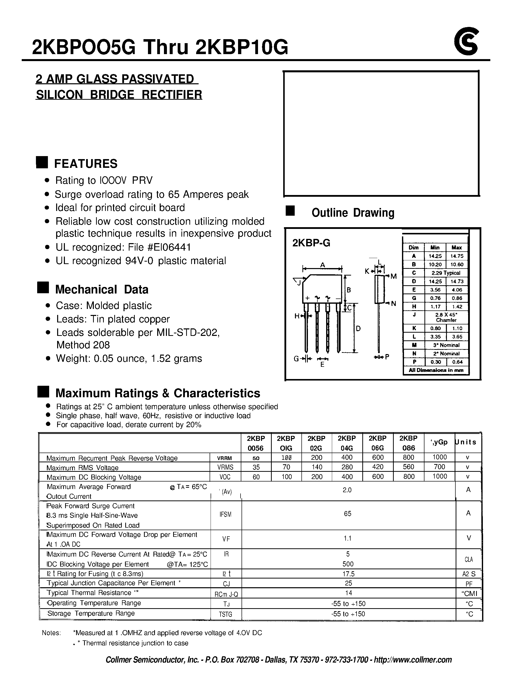 Datasheet 2KBPO86 - 2 AMP GLASS PASSIVATED SILICON BRIDGE RECTIFIER page 1