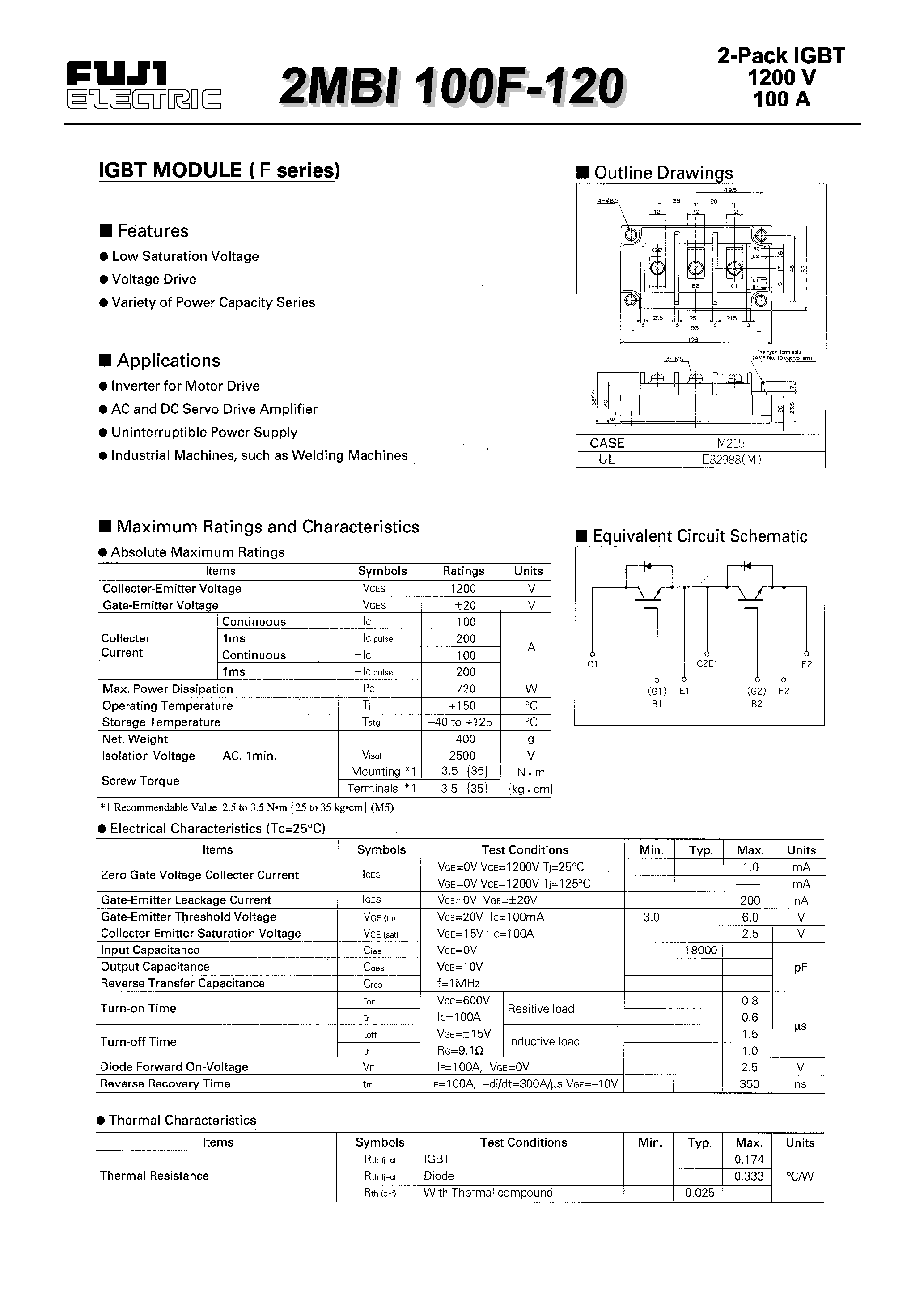 Datasheet 2MBI100F-120 - IGBT MODULE(F series) page 1